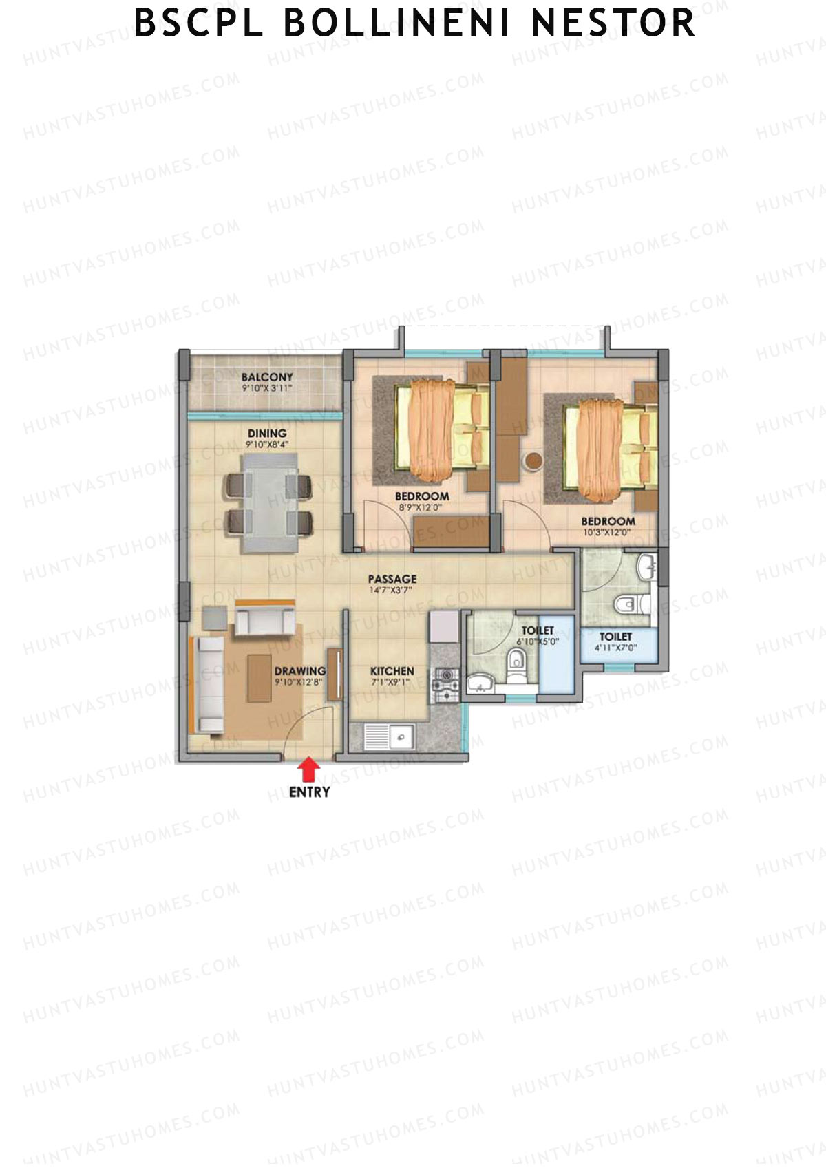 BSCPL Bollineni Nestor, Nestor, Unit 17, 2BHK, Super Area 935   sq ft 