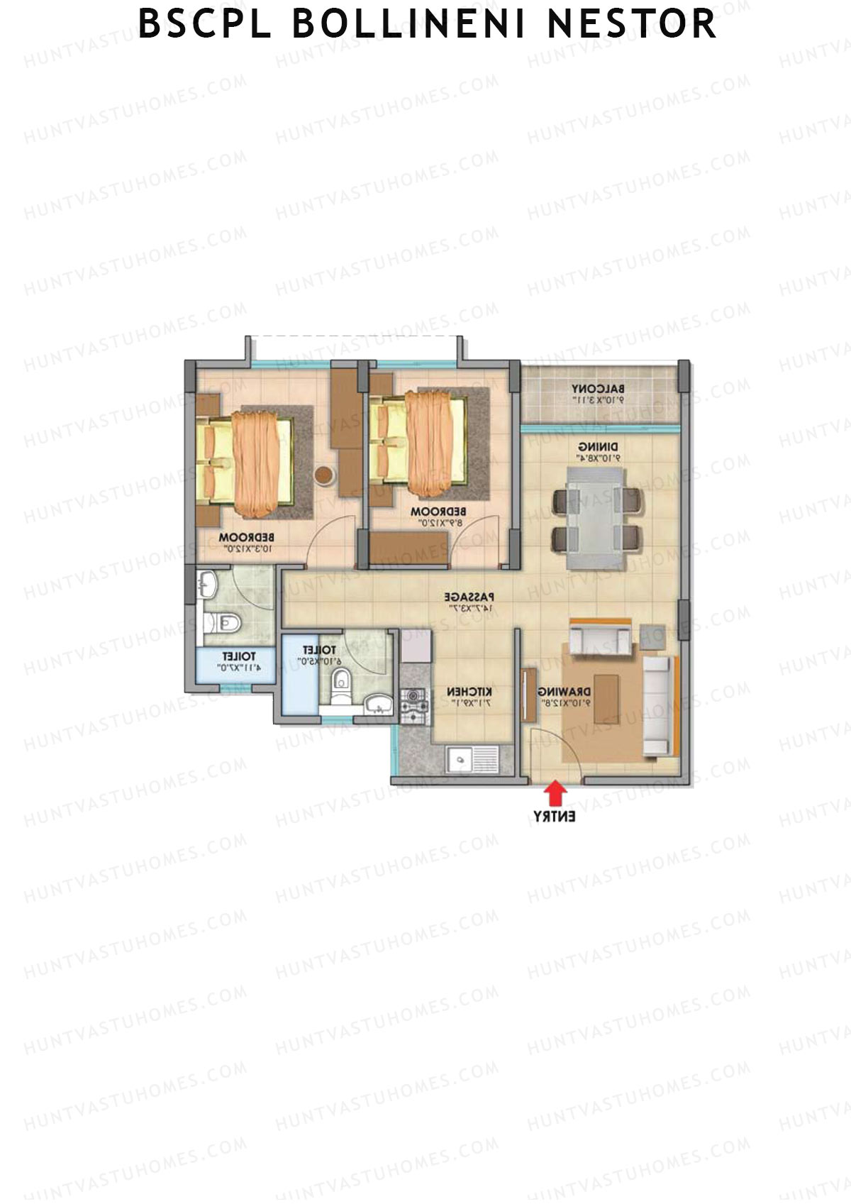 BSCPL Bollineni Nestor, Nestor, Unit 2, 2BHK, Super Area 935   sq ft 