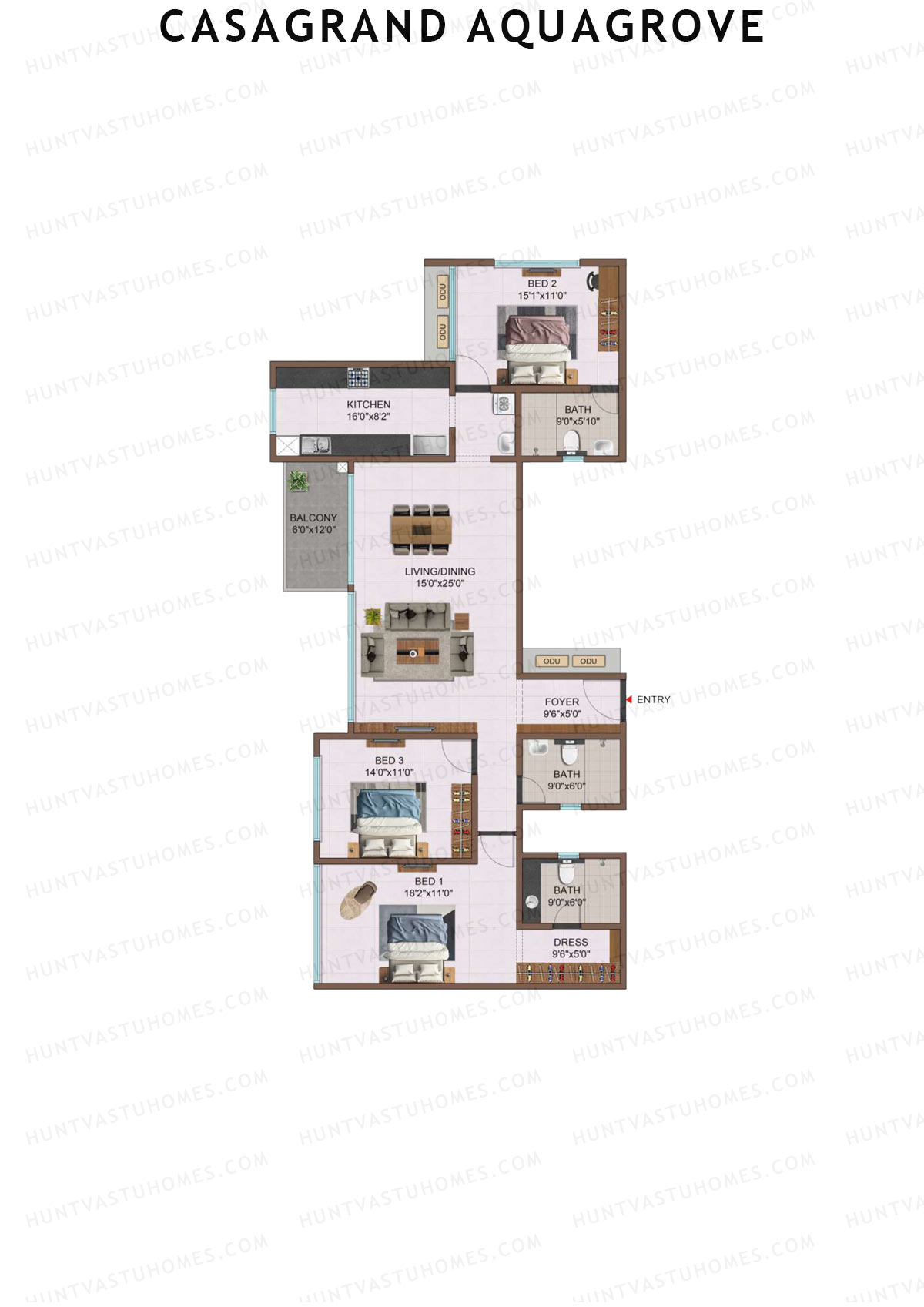 Casagrand Aquagrove, Block 1, Unit A5, 3BHK, Super Area 2042   sq ft 
