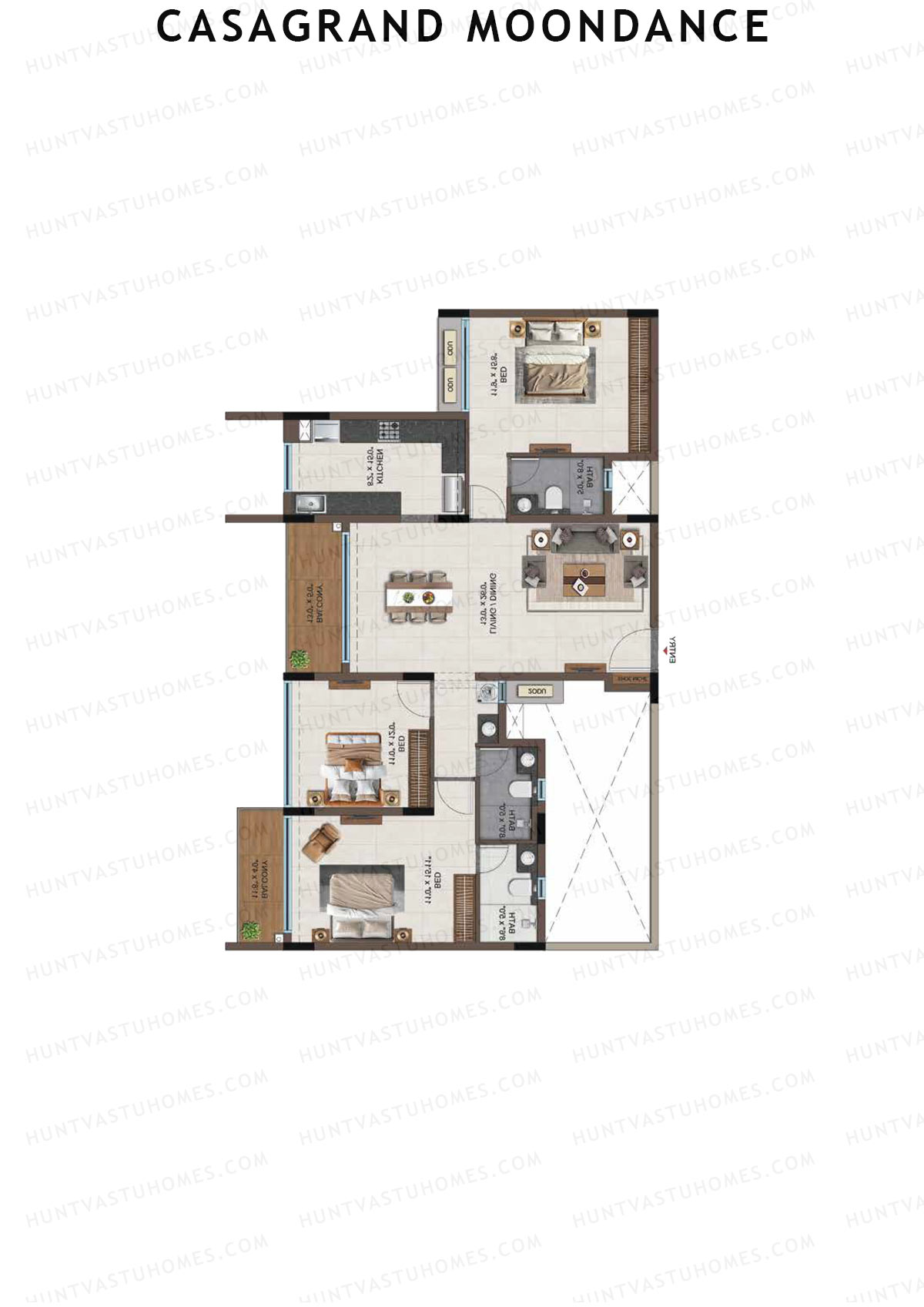 Casagrand Moondance, Wing A, Unit 11, 3BHK, Carpet Area 1211   sq ft 
