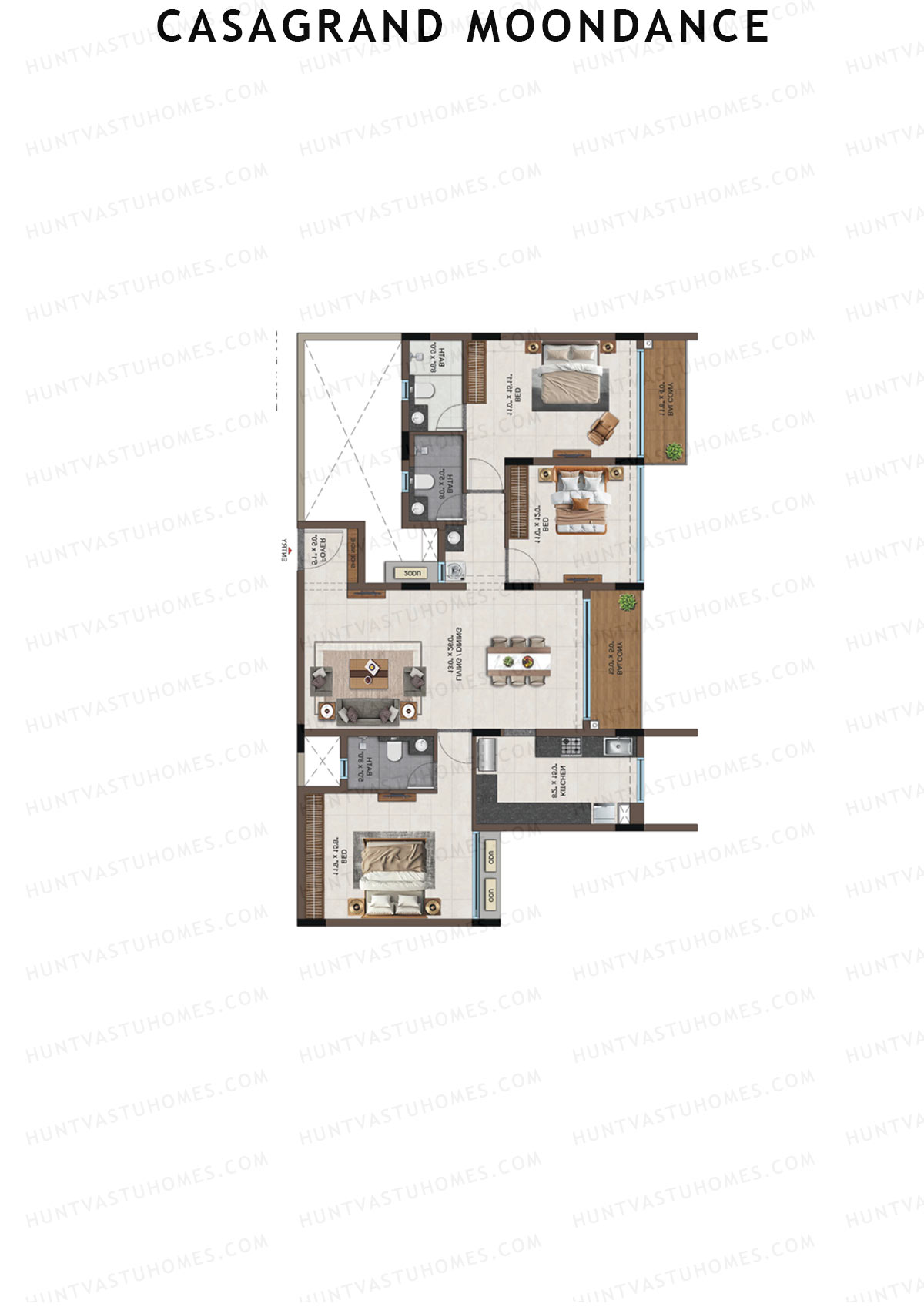 Casagrand Moondance, Wing A, Unit 34, 3BHK, Carpet Area 1237   sq ft 