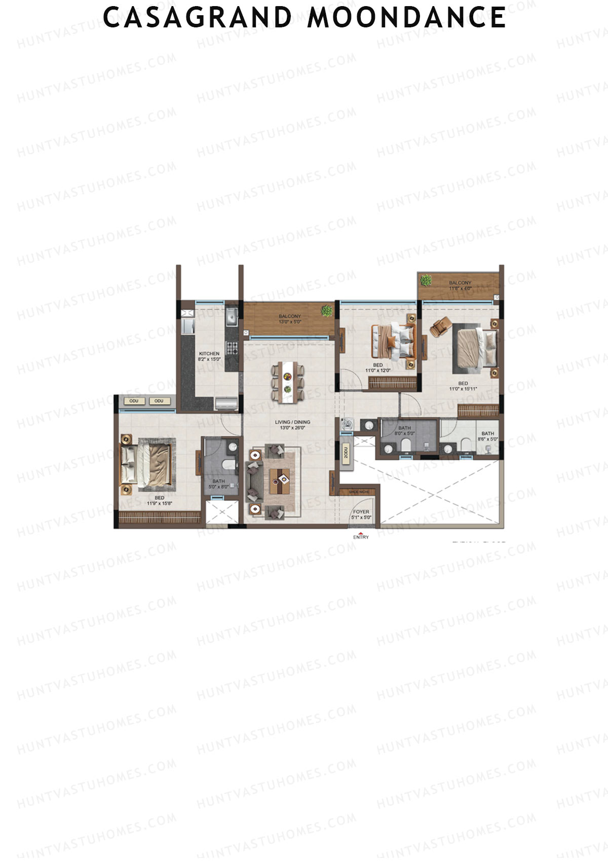 Casagrand Moondance, Wing B, Unit 2, 3BHK, Carpet Area 1237   sq ft 