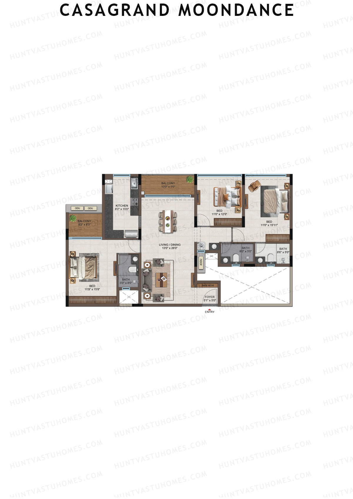Casagrand Moondance, Wing B, Unit 7, 3BHK, Carpet Area 1235   sq ft 