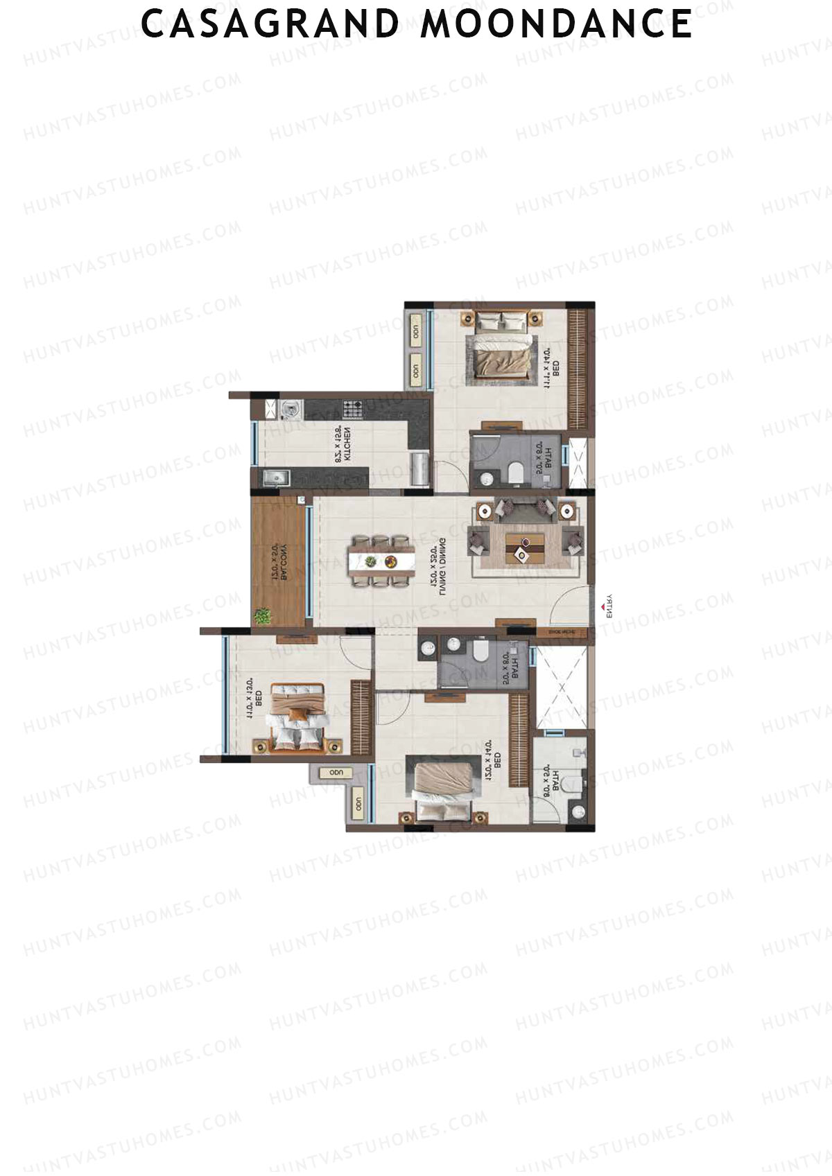 Casagrand Moondance, Wing C, Unit 29, 3BHK, Carpet Area 1120   sq ft 