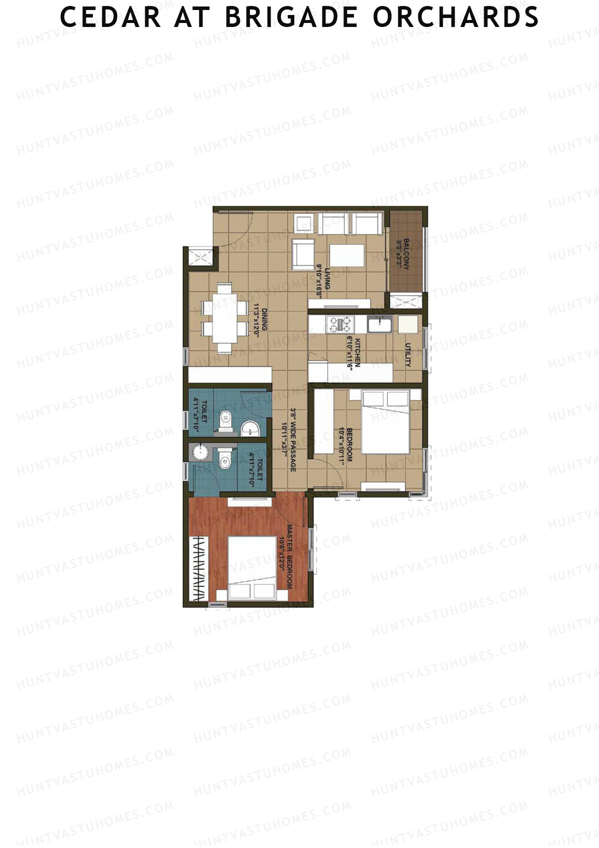 Cedar at Brigade Orchards, Tower A, Unit 1 (Type 1), 2BHK, Super Area 1080   sq ft 