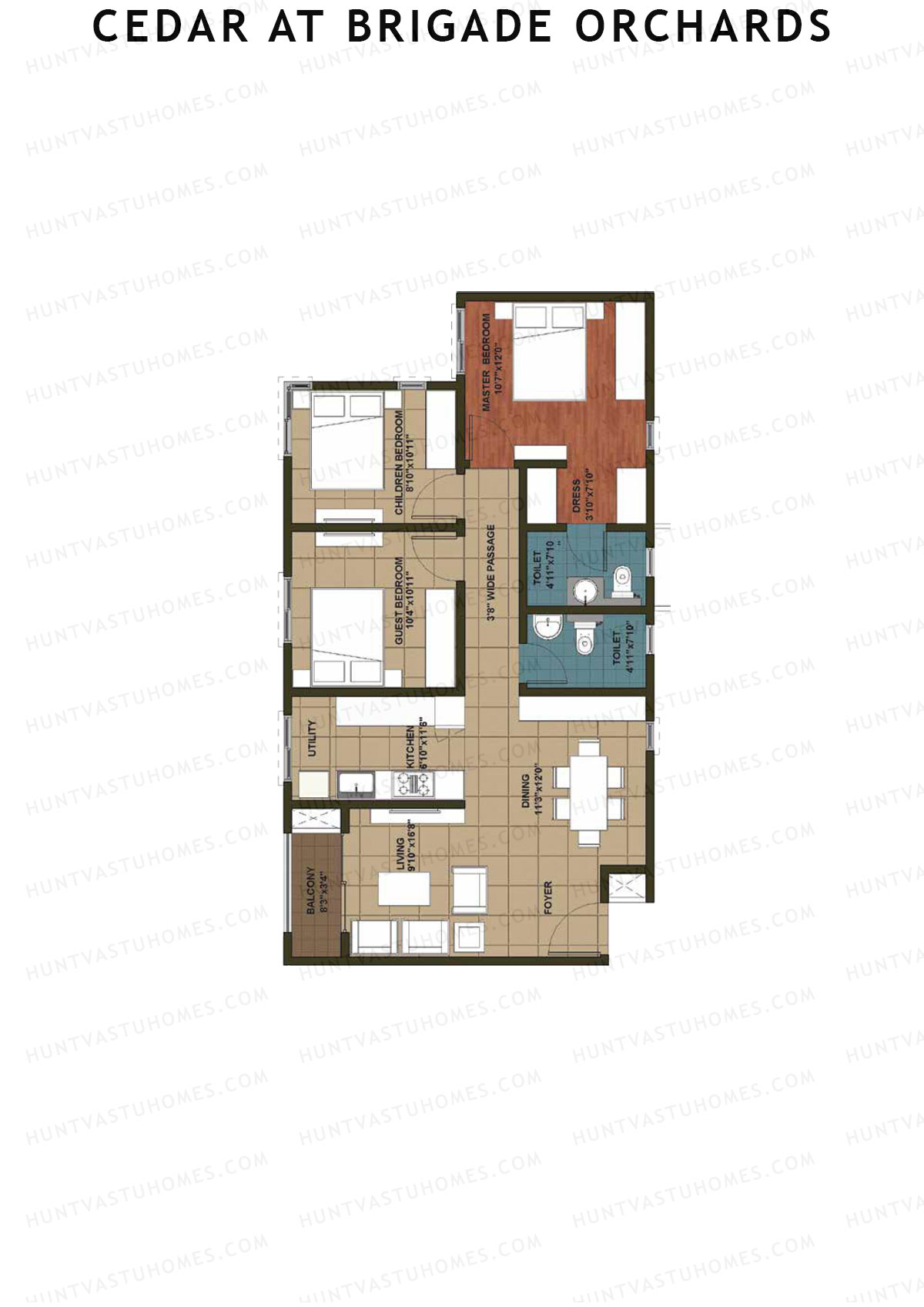 Cedar at Brigade Orchards, Tower A, Unit 3 (Type 1), 3BHK, Super Area 1290   sq ft 