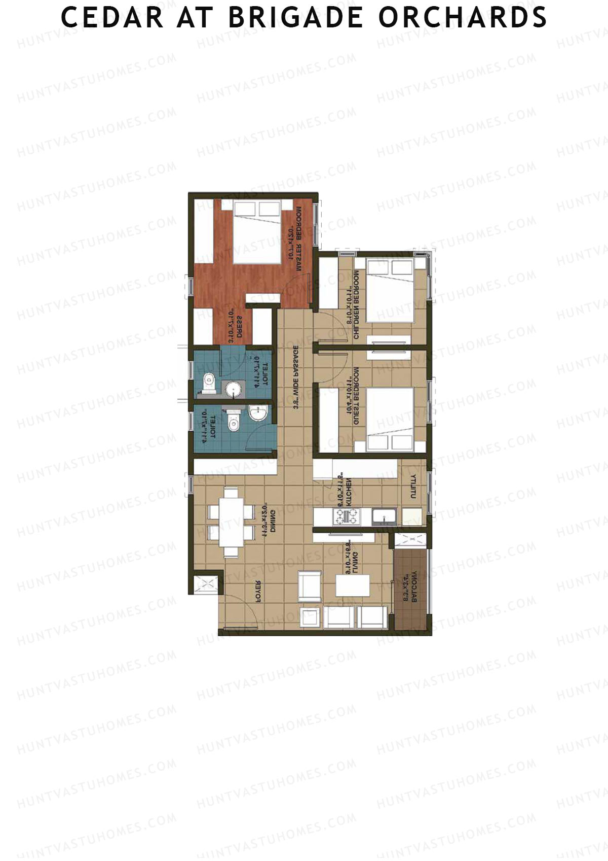 Cedar at Brigade Orchards, Tower A, Unit 4 (Type 3), 3BHK, Super Area 1290   sq ft 