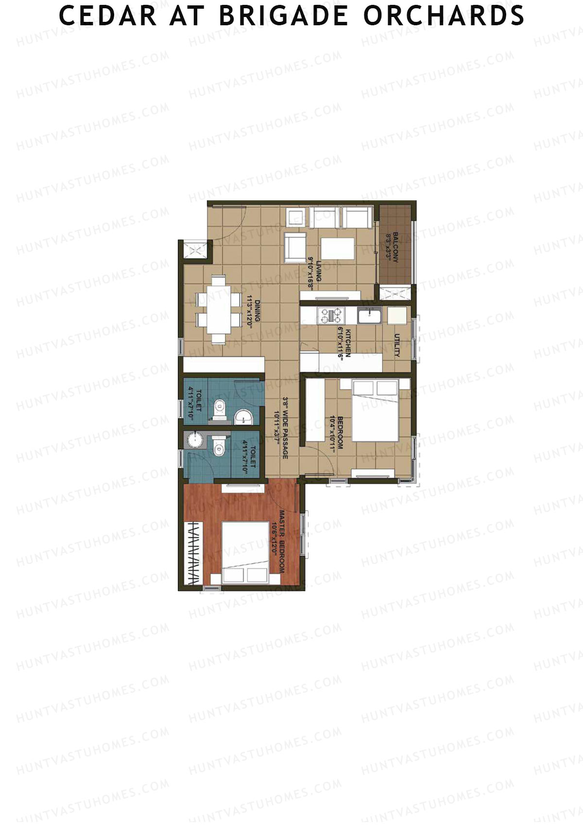 Cedar at Brigade Orchards, Tower B, Unit 5 (Type 1), 2BHK, Super Area 1080   sq ft 