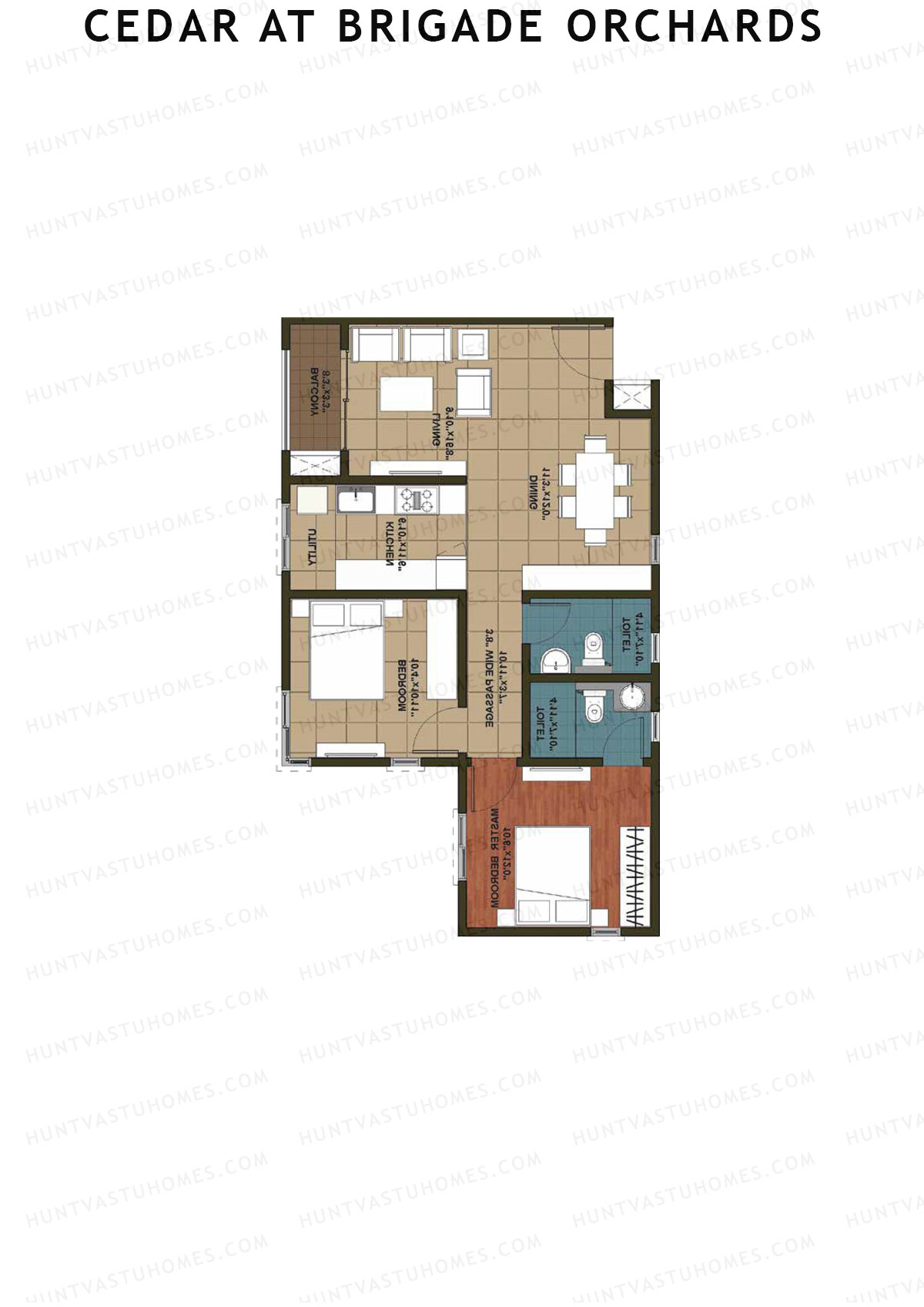 Cedar at Brigade Orchards, Tower B, Unit 6 (Type 1), 2BHK, Super Area 1080   sq ft 