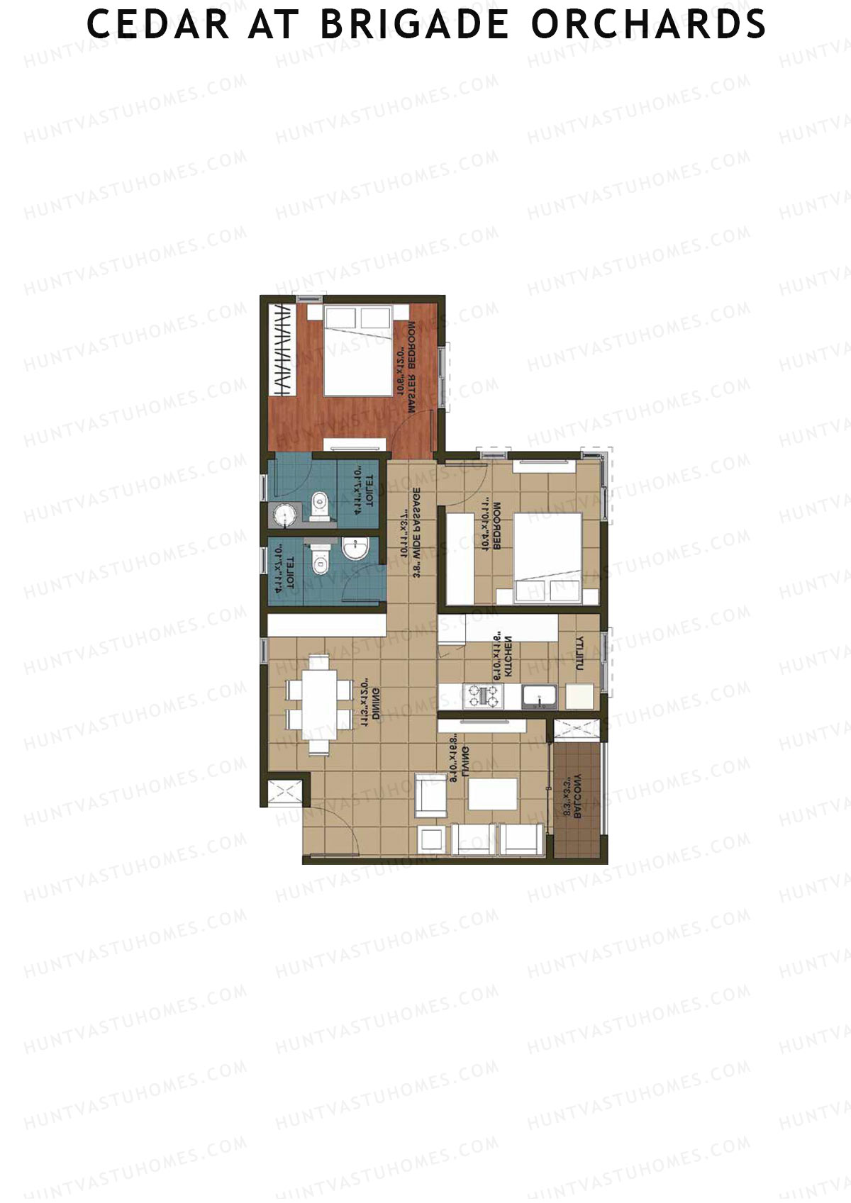 Cedar at Brigade Orchards, Tower C, Unit 12 (Type 1), 2BHK, Super Area 1080   sq ft 