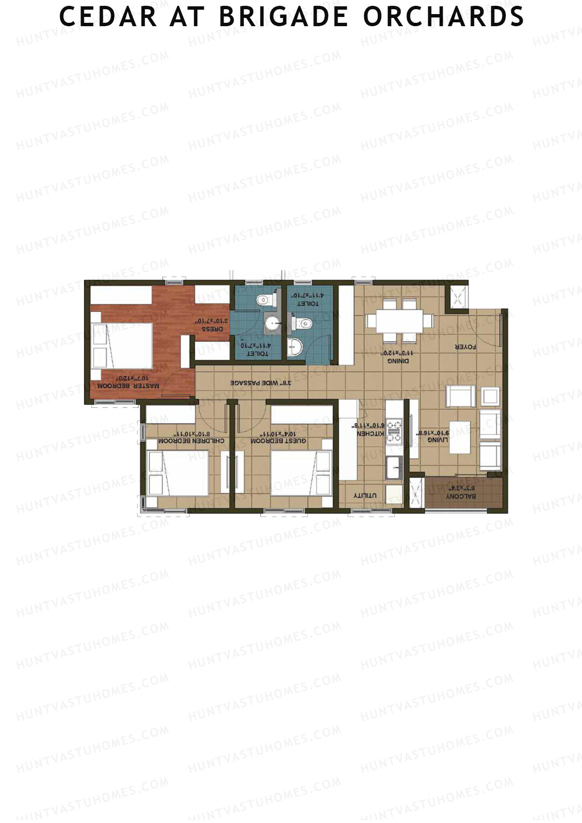 Cedar at Brigade Orchards, Tower D, Unit 14 (Type 2), 3BHK, Super Area 1290   sq ft 