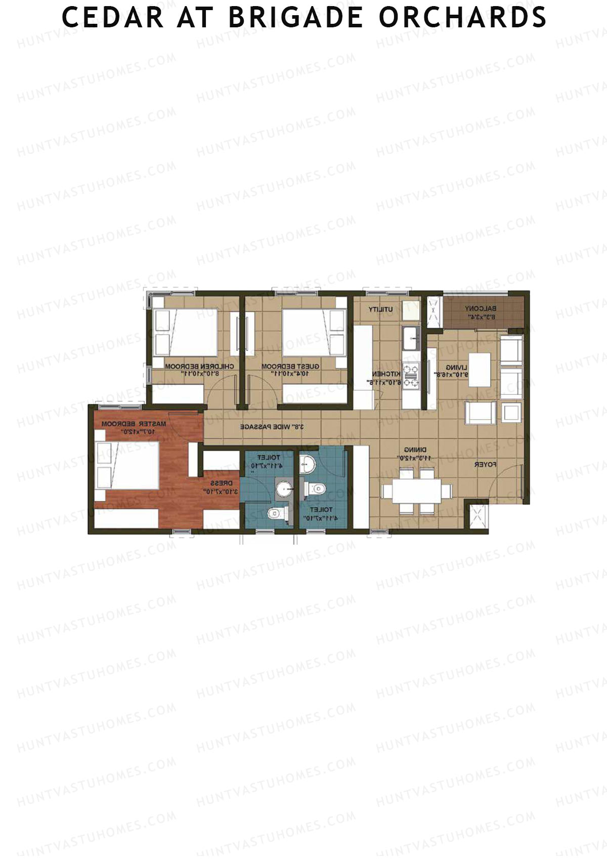Cedar at Brigade Orchards, Tower D, Unit 15 (Type 2), 3BHK, Super Area 1290   sq ft 