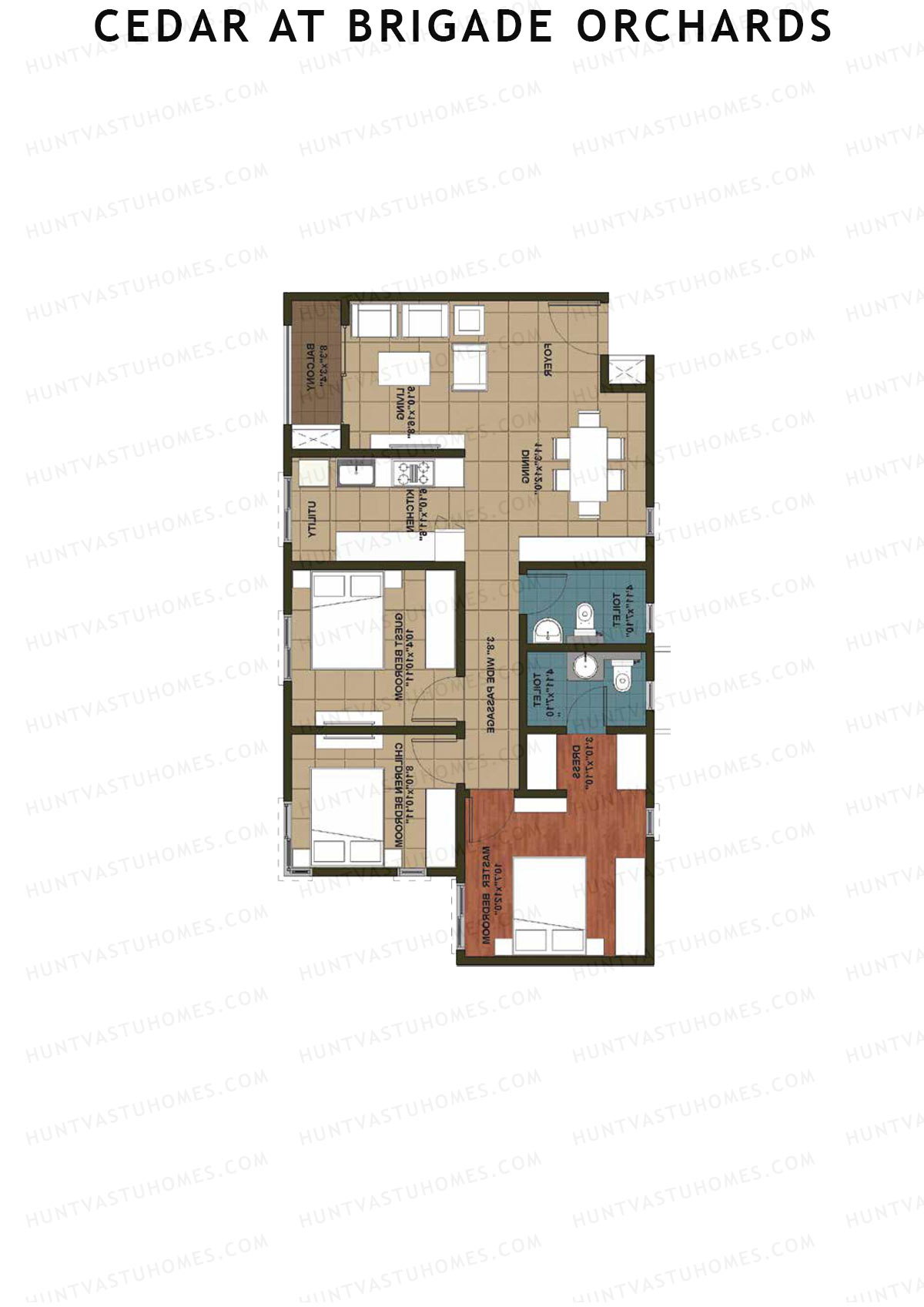 Cedar at Brigade Orchards, Tower E, Unit 20 (Type 1), 3BHK, Super Area 1290   sq ft 