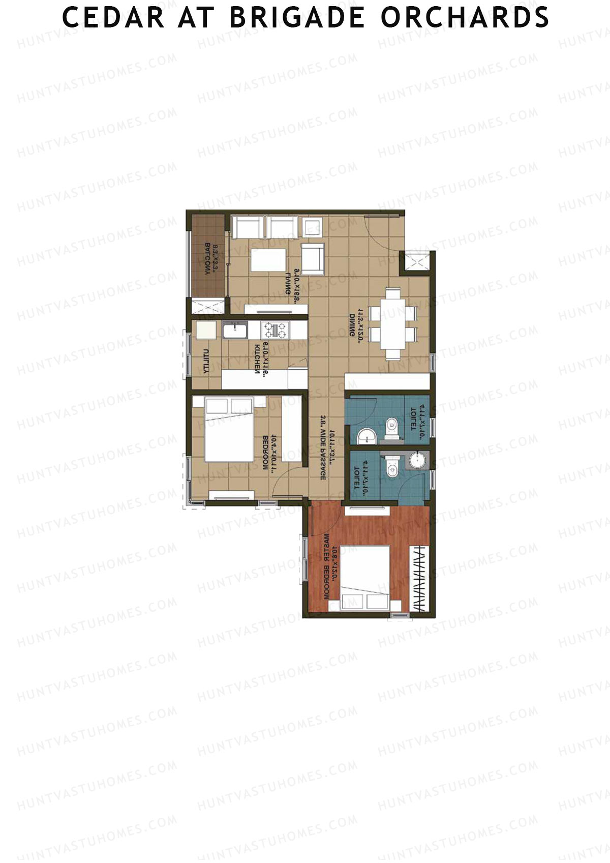 Cedar at Brigade Orchards, Tower F, Unit 24 (Type 1), 2BHK, Super Area 1080   sq ft 
