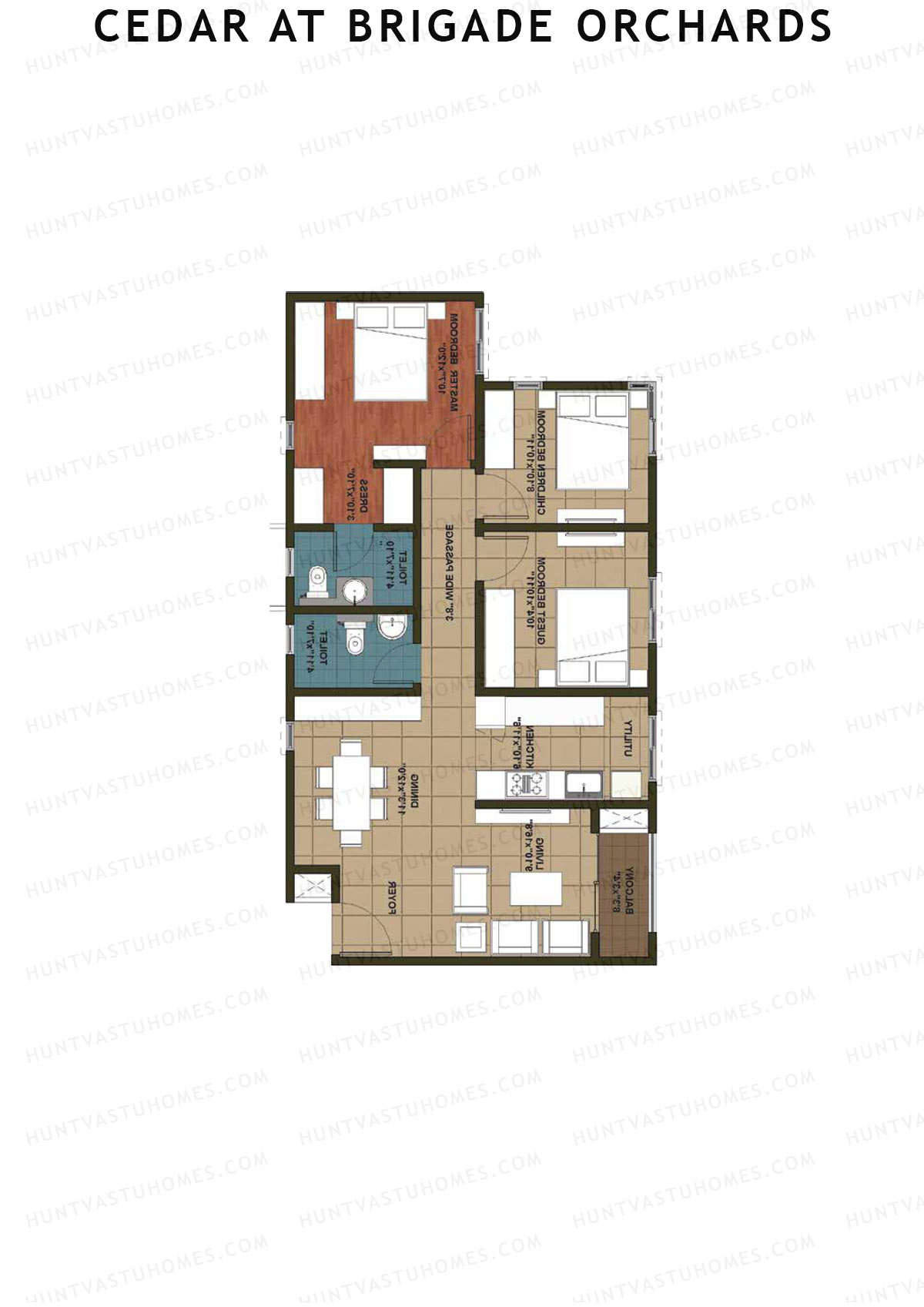 Cedar at Brigade Orchards, Tower F, Unit 26 (Type 1), 3BHK, Super Area 1290   sq ft 