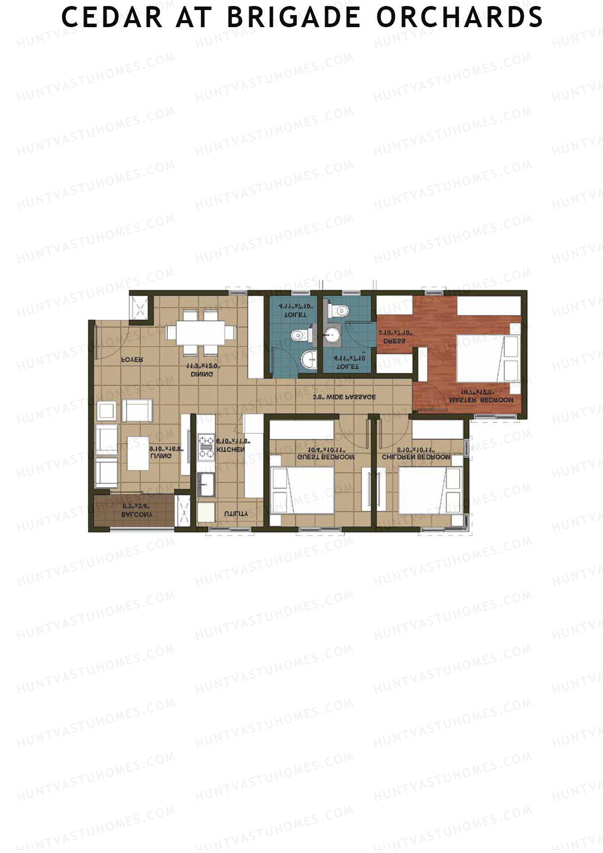 Cedar at Brigade Orchards, Tower G, Unit 27 (Type 2), 3BHK, Super Area 1290   sq ft 