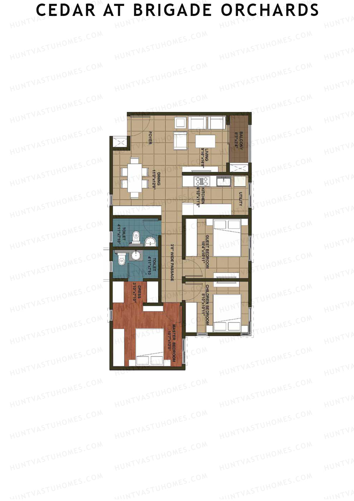 Cedar at Brigade Orchards, Tower G, Unit 32 (Type 2), 3BHK, Super Area 1290   sq ft 