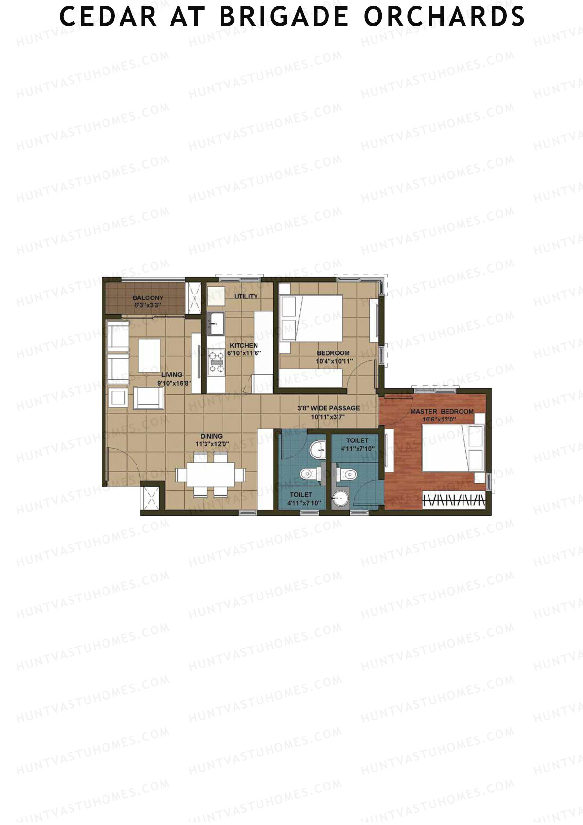 Cedar at Brigade Orchards, Tower H, Unit 35 (Type 1), 2BHK, Super Area 1080   sq ft 