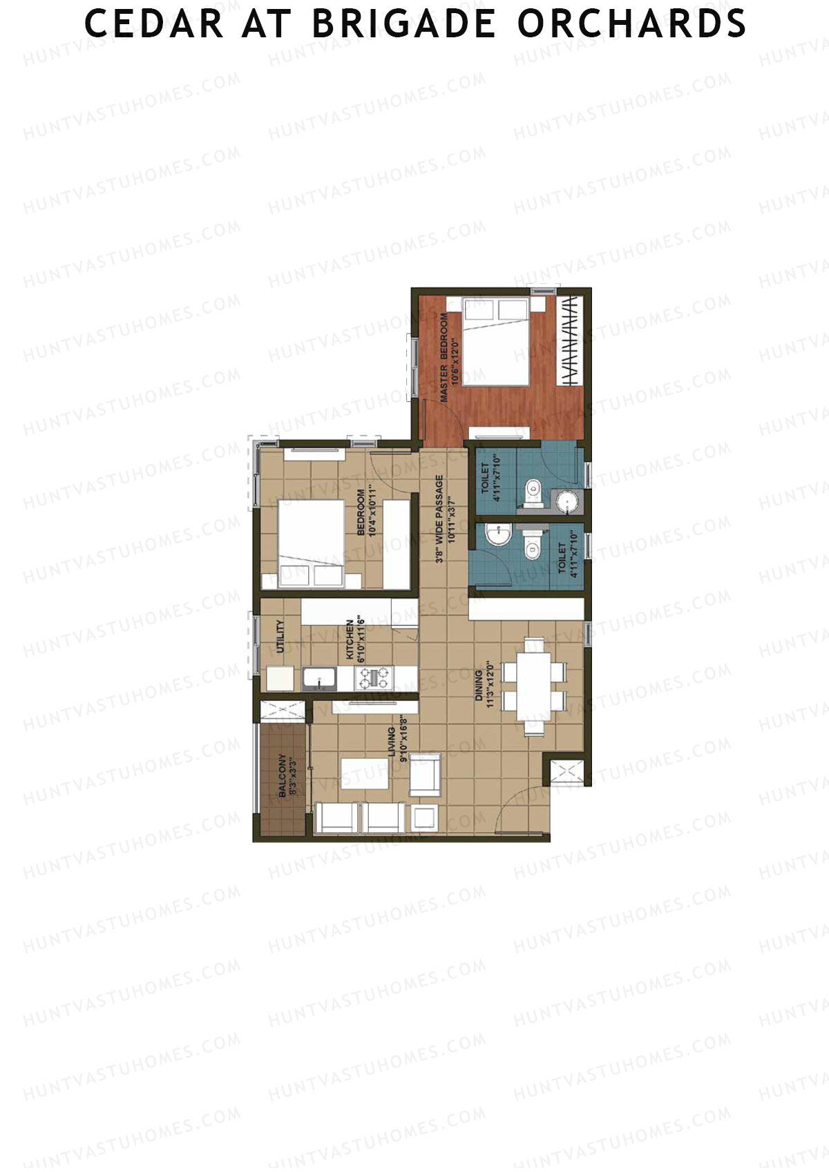 Cedar at Brigade Orchards, Tower J, Unit 43 (Type 1), 2BHK, Super Area 1080   sq ft 