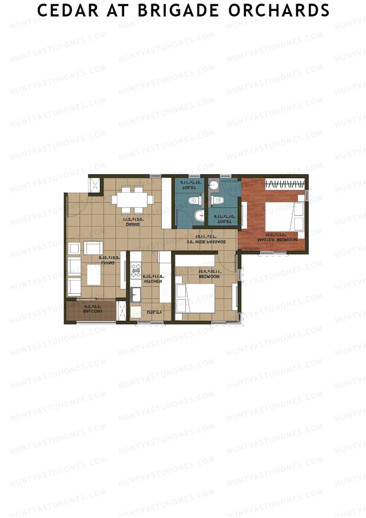 Cedar at Brigade Orchards, Tower K, Unit 49 (Type 1), 2BHK, Super Area 1080   sq ft 