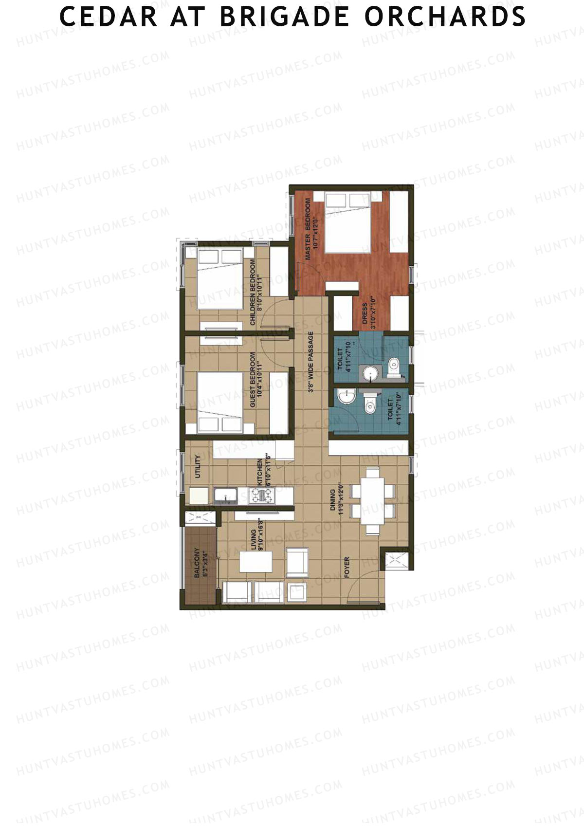 Cedar at Brigade Orchards, Tower K, Unit 52 (Type 2), 3BHK, Super Area 1290   sq ft 
