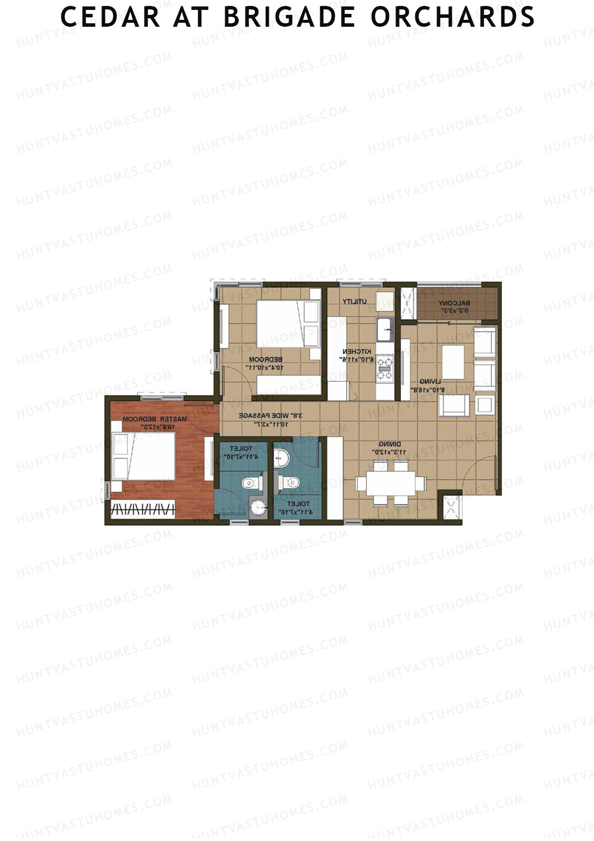 Cedar at Brigade Orchards, Tower L, Unit 54 (Type 1), 2BHK, Super Area 1080   sq ft 