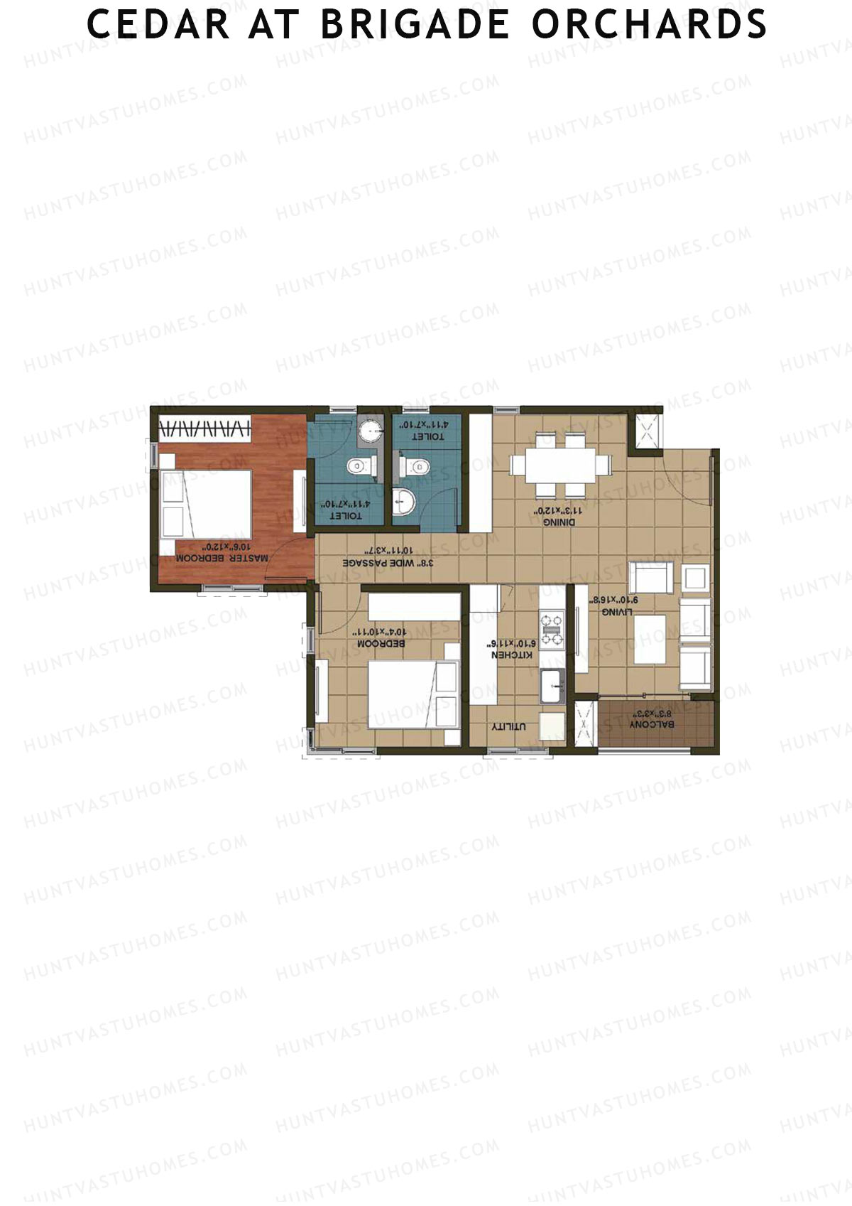 Cedar at Brigade Orchards, Tower M, Unit 57 (Type 1), 2BHK, Super Area 1080   sq ft 