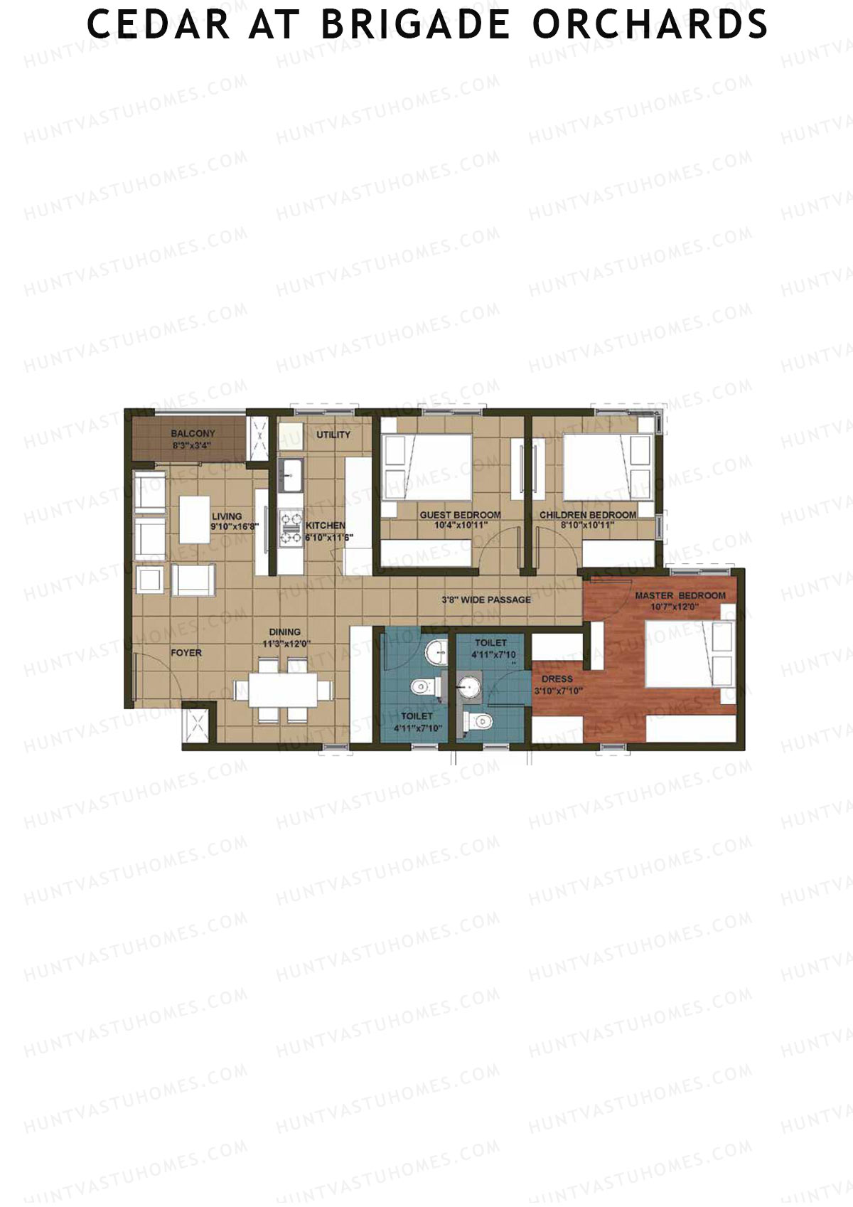 Cedar at Brigade Orchards, Tower M, Unit 59 (Type 3), 3BHK, Super Area 1290   sq ft 