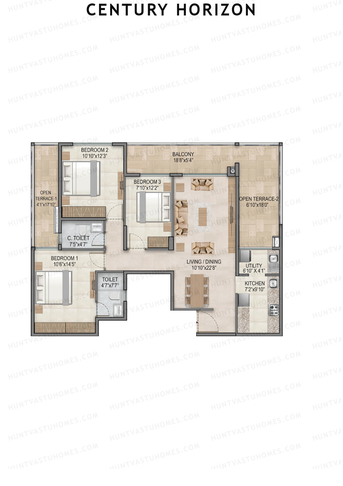 Century Horizon, Tower A, Unit 10 (Type E), 3BHK, Super Area 1482   sq ft 