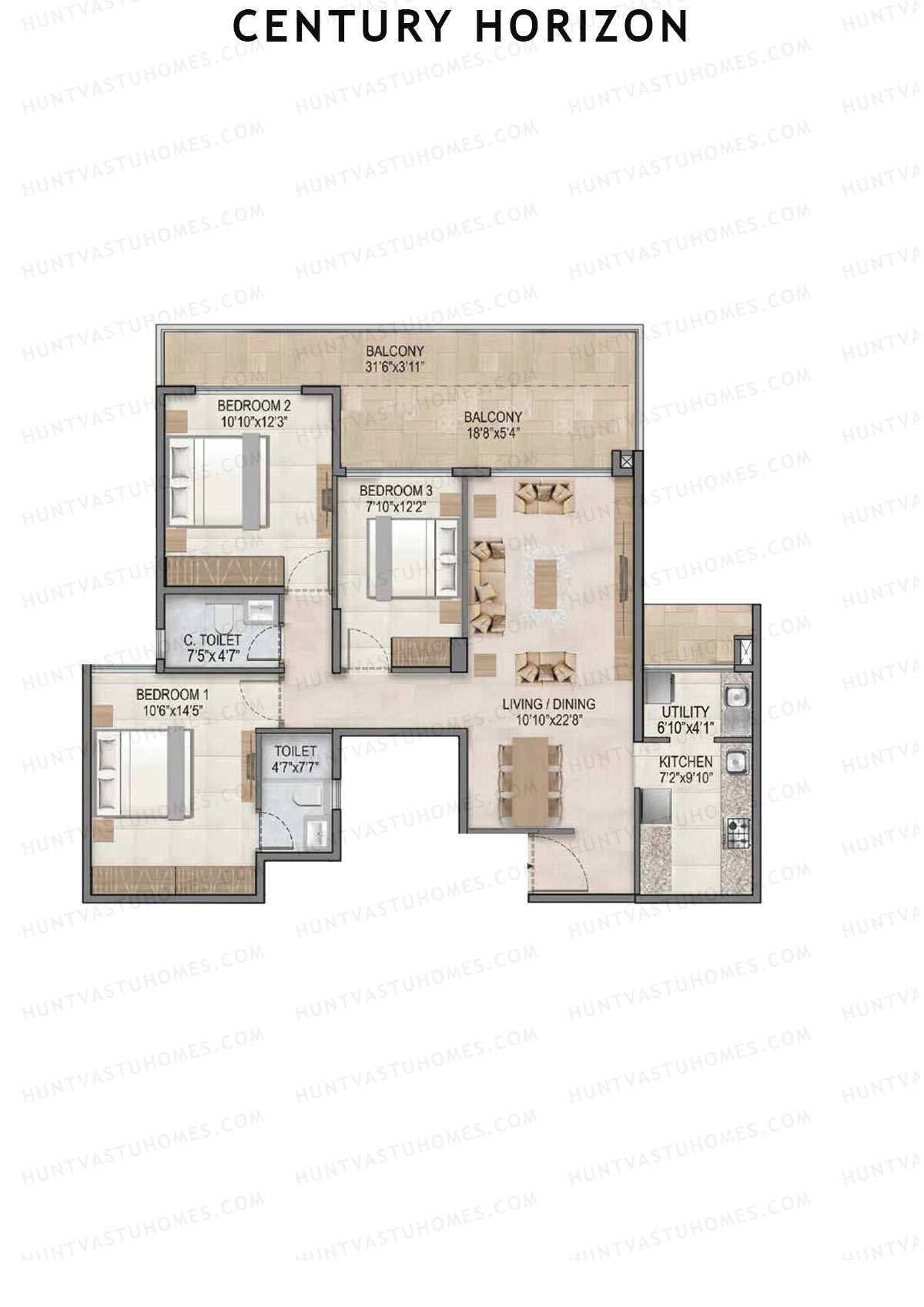 Century Horizon, Tower A, Unit 11 (Type E1), 3BHK, Super Area 1641   sq ft 