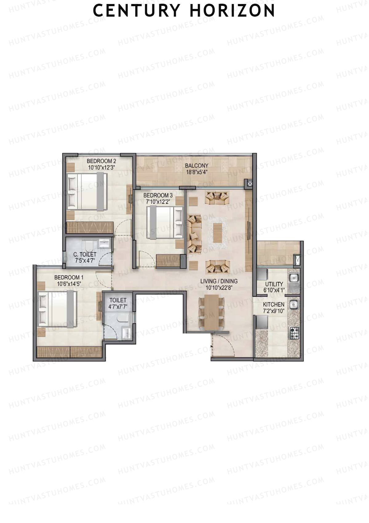 Century Horizon, Tower A, Unit 11 (Type E), 3BHK, Super Area 1482   sq ft 