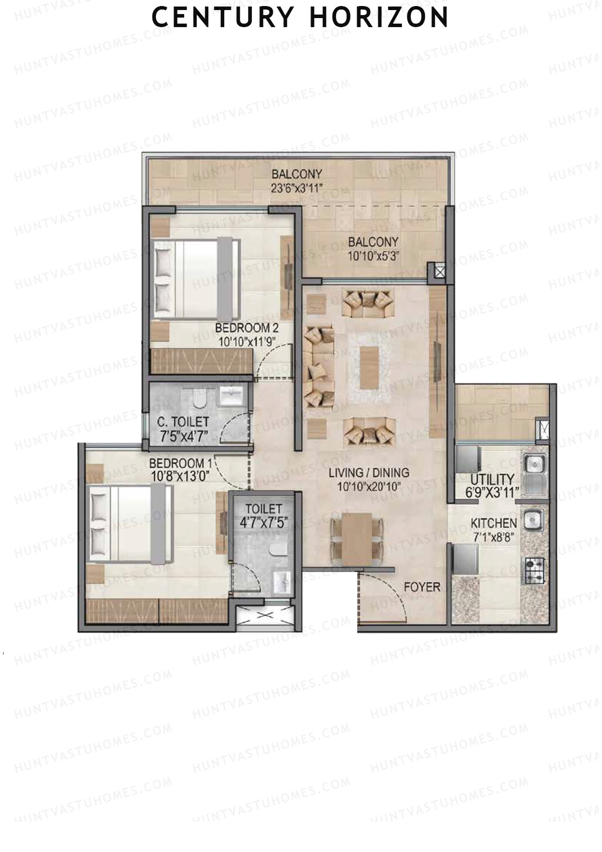 Century Horizon, Tower A, Unit 12 (Type A1), 2BHK, Super Area 1273   sq ft 