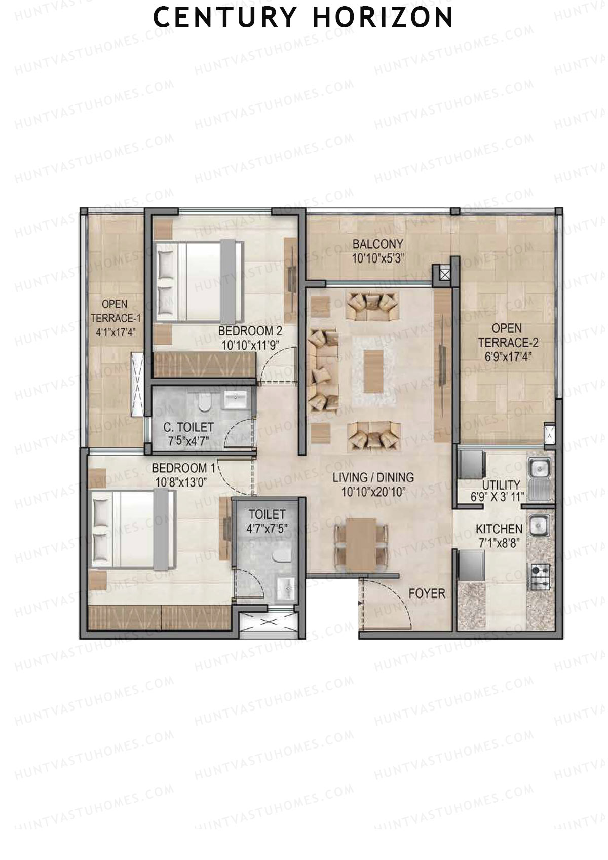 Century Horizon, Tower A, Unit 13 (Type A), 2BHK, Super Area 1155   sq ft 