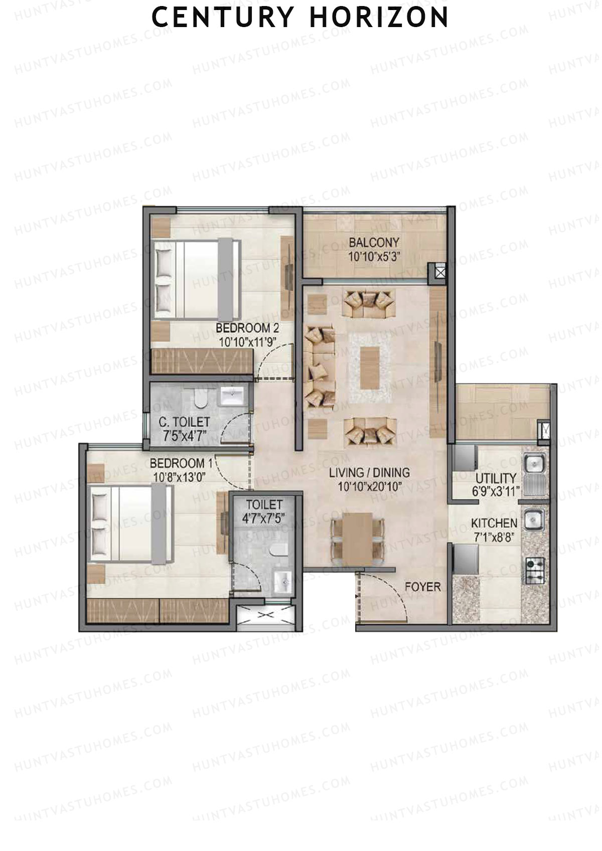Century Horizon, Tower A, Unit 13 (Type A), 2BHK, Super Area 1155   sq ft 