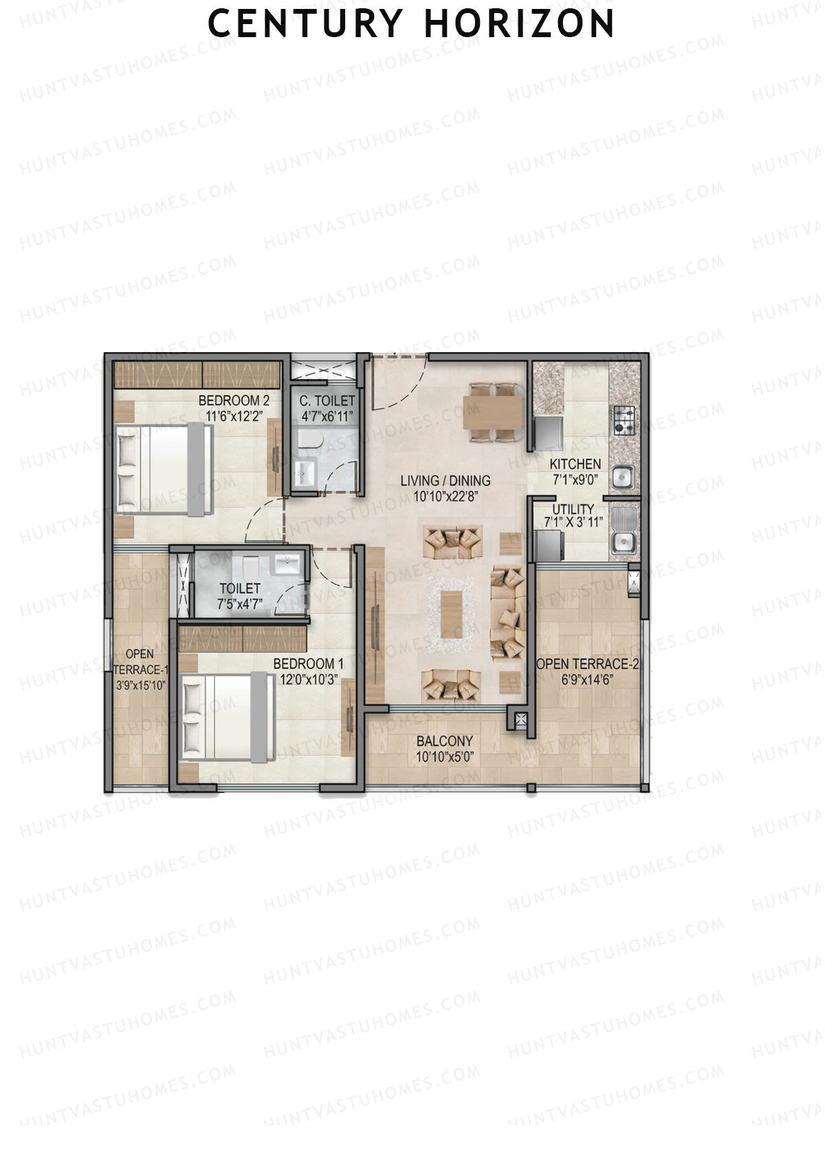 Century Horizon, Tower A, Unit 15 (Type B), 2BHK, Super Area 1119   sq ft 