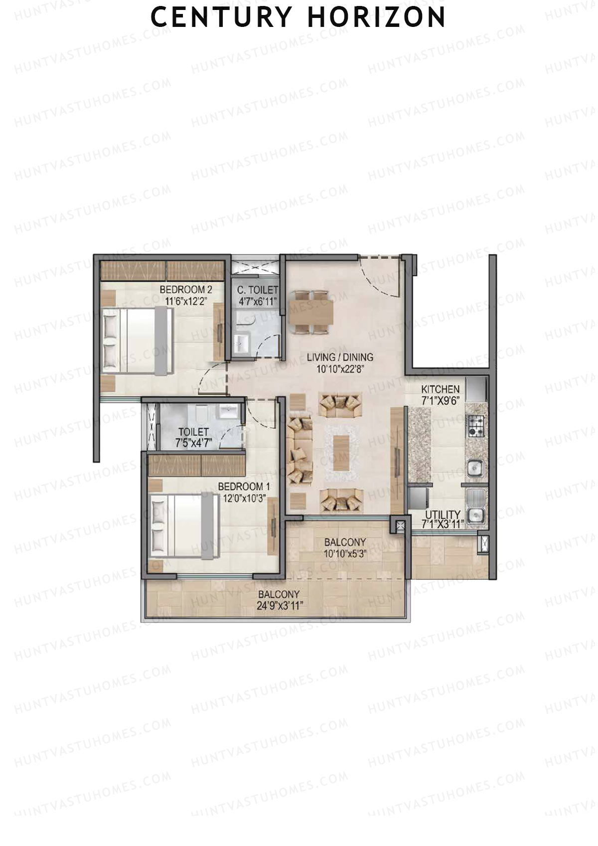 Century Horizon, Tower A, Unit 16 (Type C1), 2BHK, Super Area 1250   sq ft 