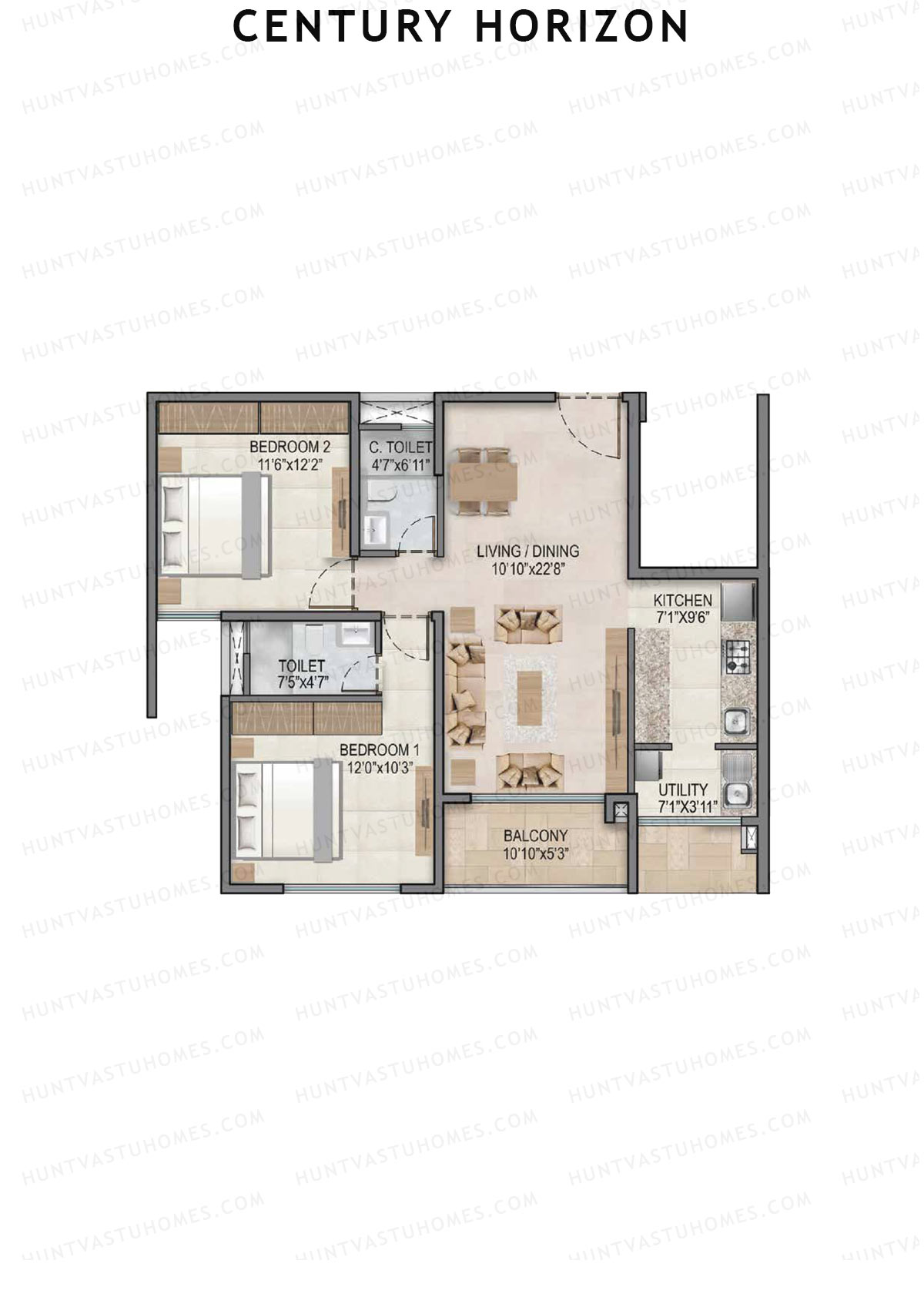 Century Horizon, Tower A, Unit 16 (Type C), 2BHK, Super Area 1126   sq ft 