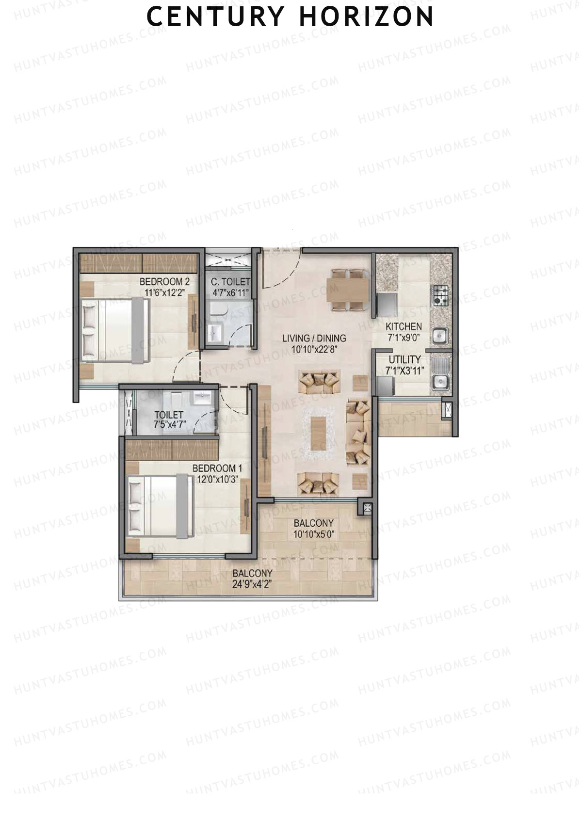 Century Horizon, Tower A, Unit 17 (Type B1), 2BHK, Super Area 1244   sq ft 