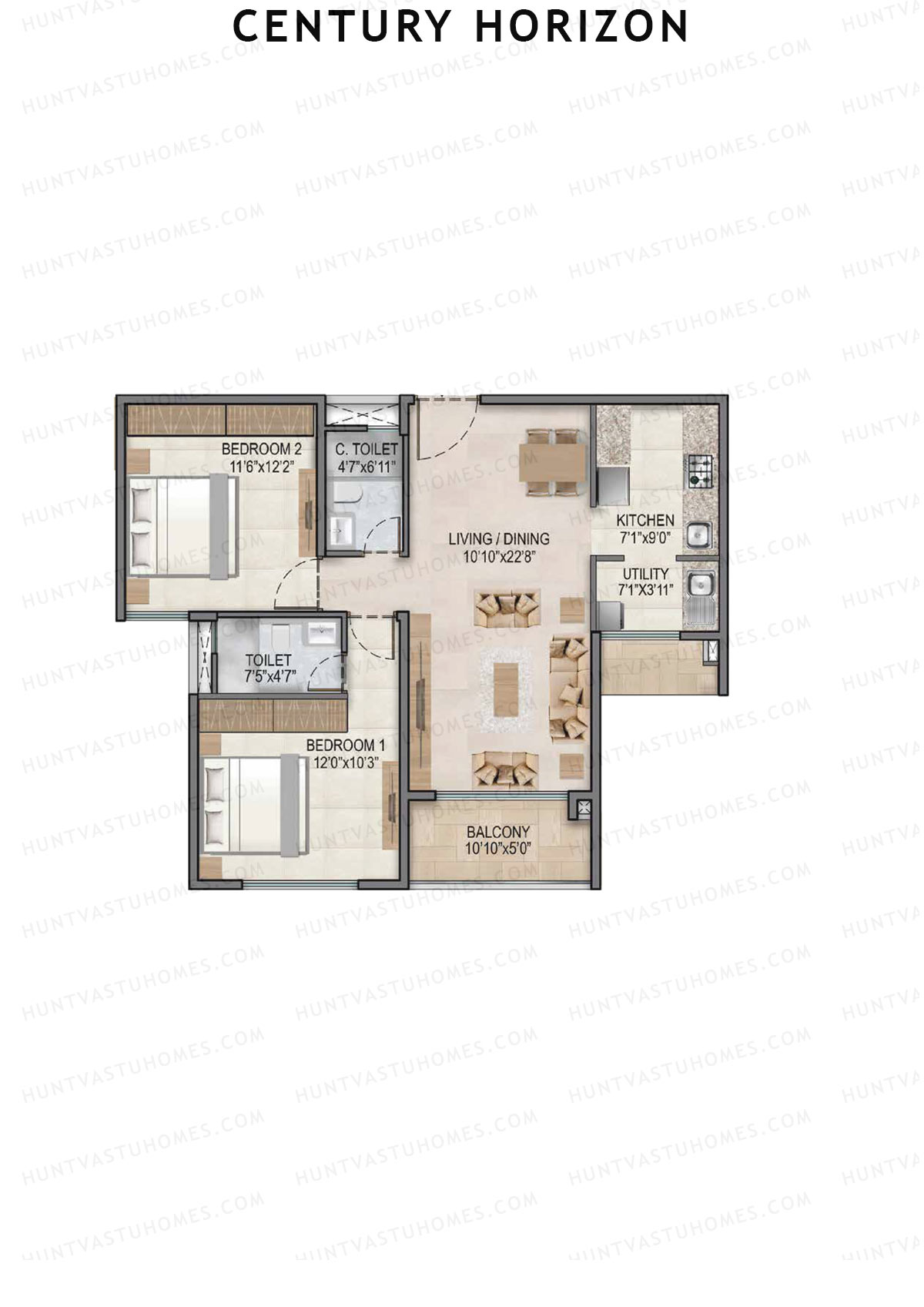 Century Horizon, Tower A, Unit 17 (Type B), 2BHK, Super Area 1119   sq ft 