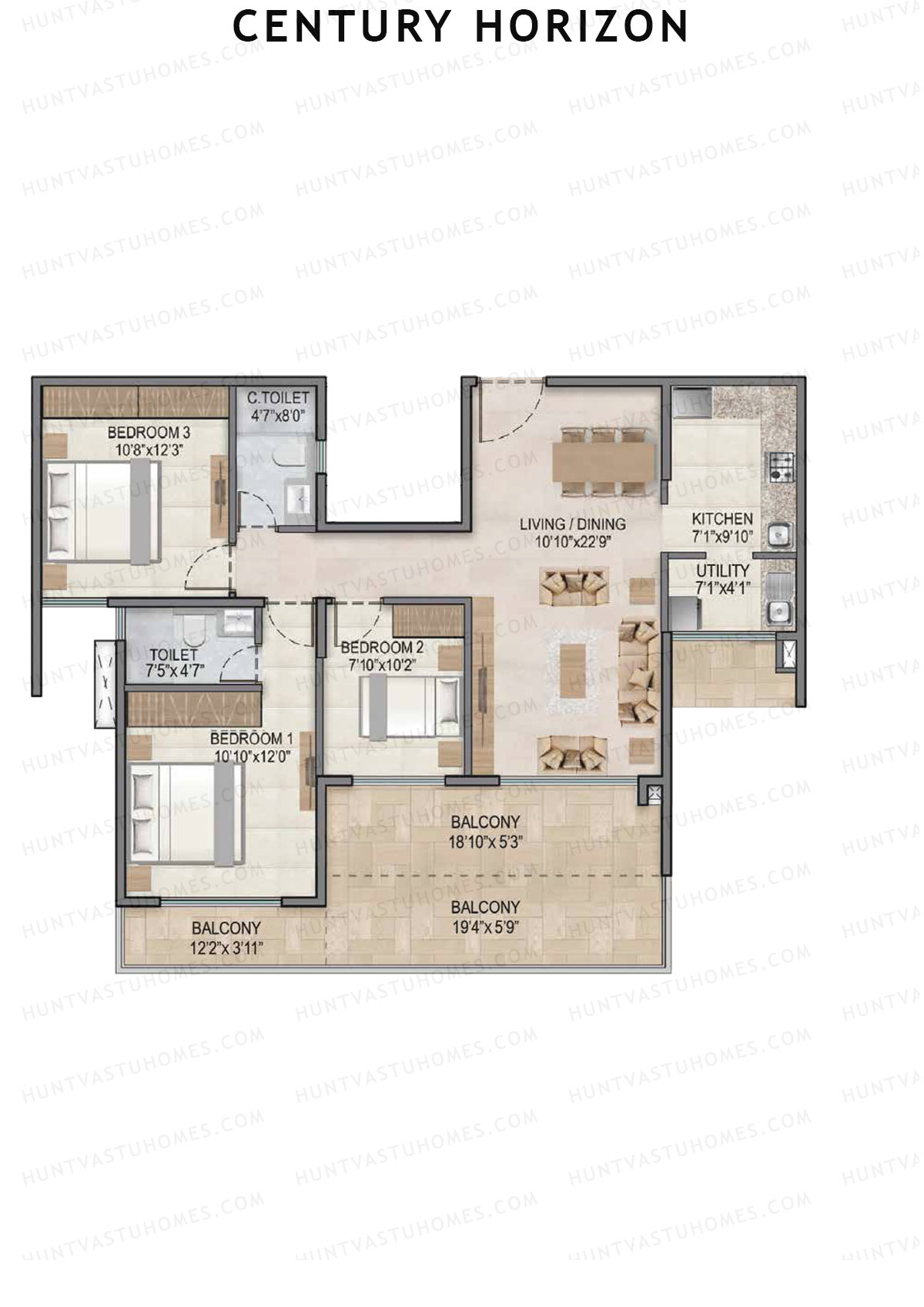 Century Horizon, Tower A, Unit 1 (Type D1), 3BHK, Super Area 1570   sq ft 