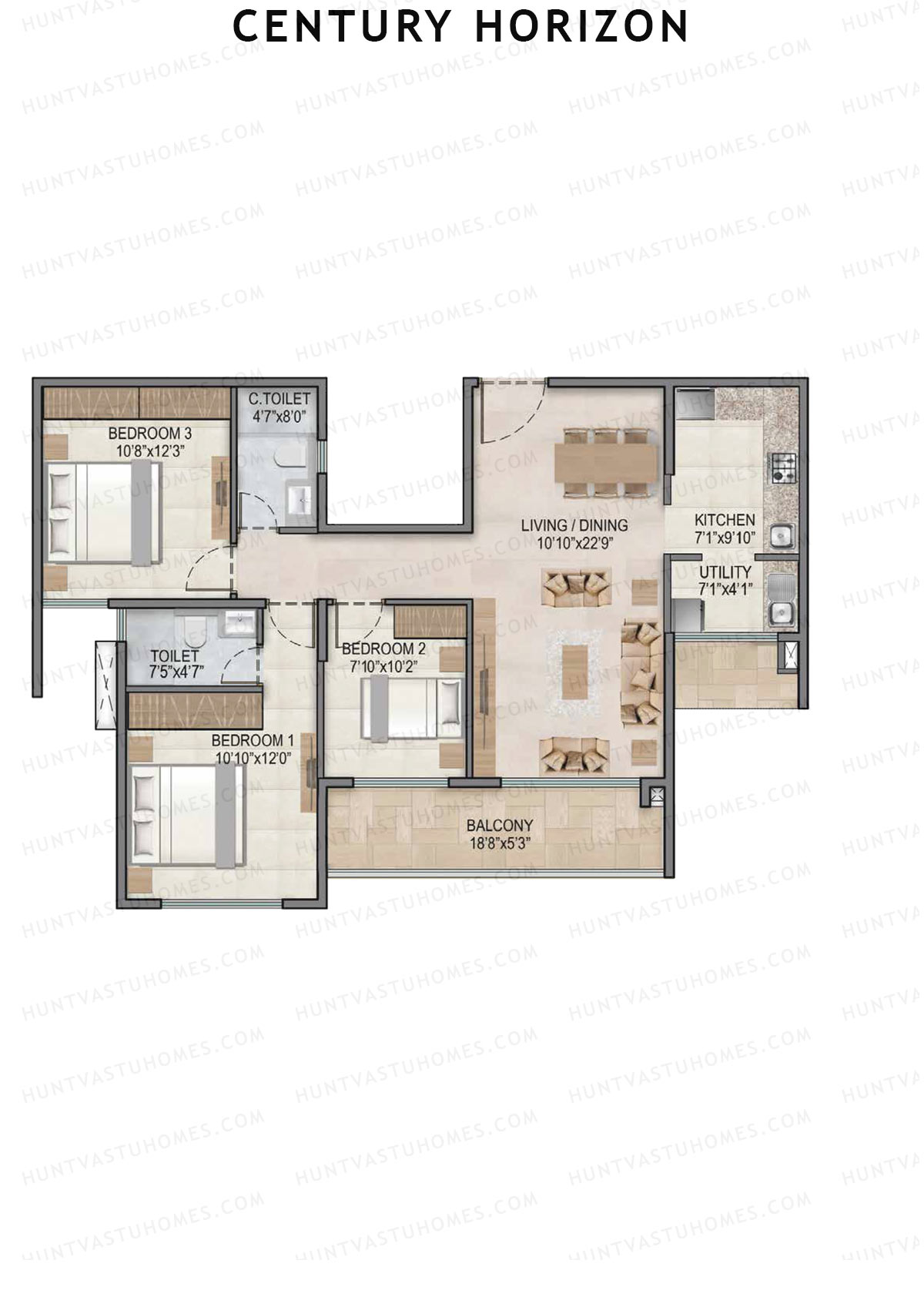 Century Horizon, Tower A, Unit 1 (Type D), 3BHK, Super Area 1365   sq ft 