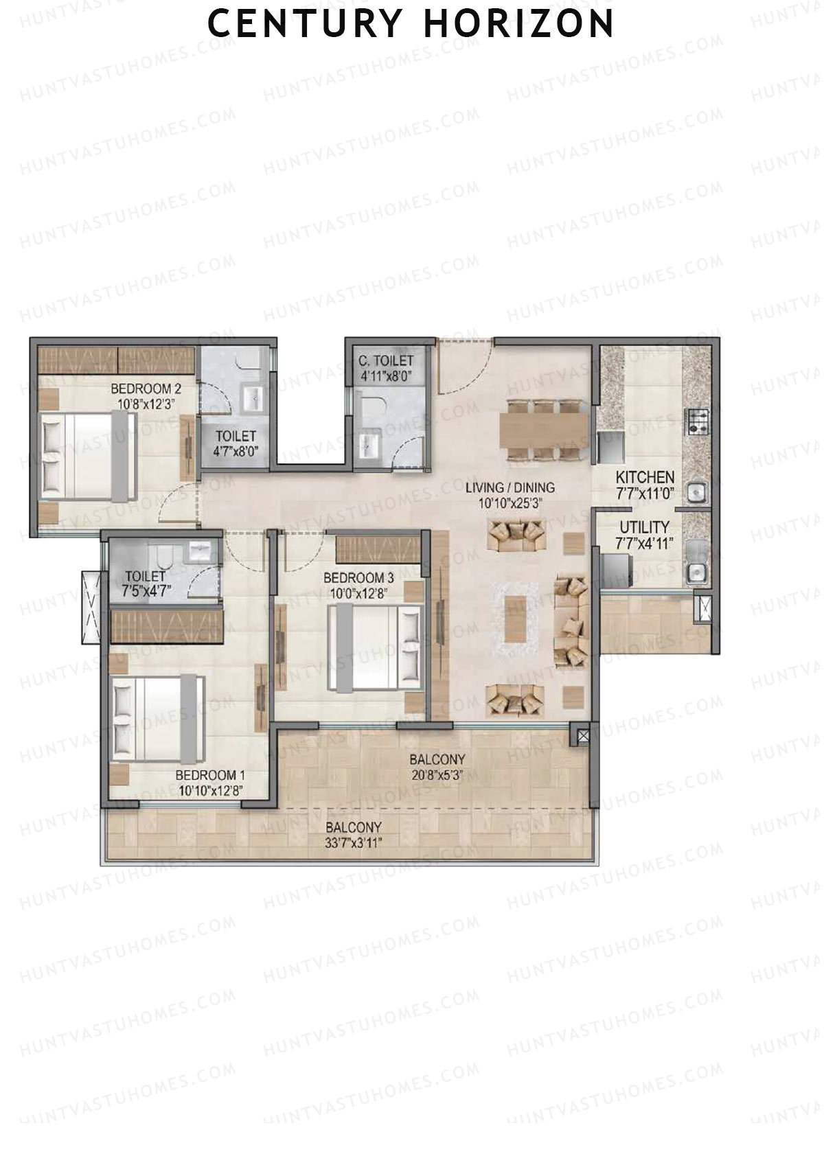 Century Horizon, Tower A, Unit 2 (Type A1), 3BHK, Super Area 1757   sq ft 