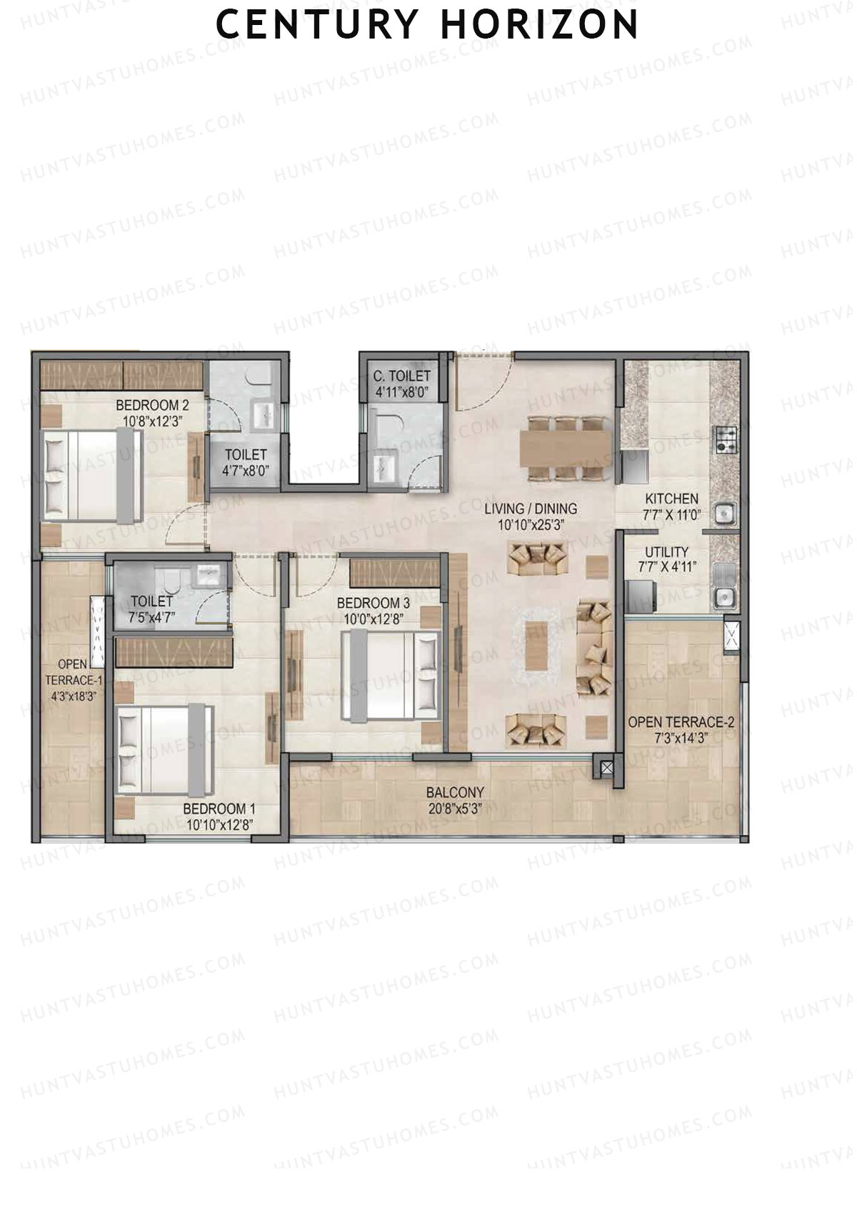 Century Horizon, Tower A, Unit 2 (Type A), 3BHK, Super Area 1587   sq ft 