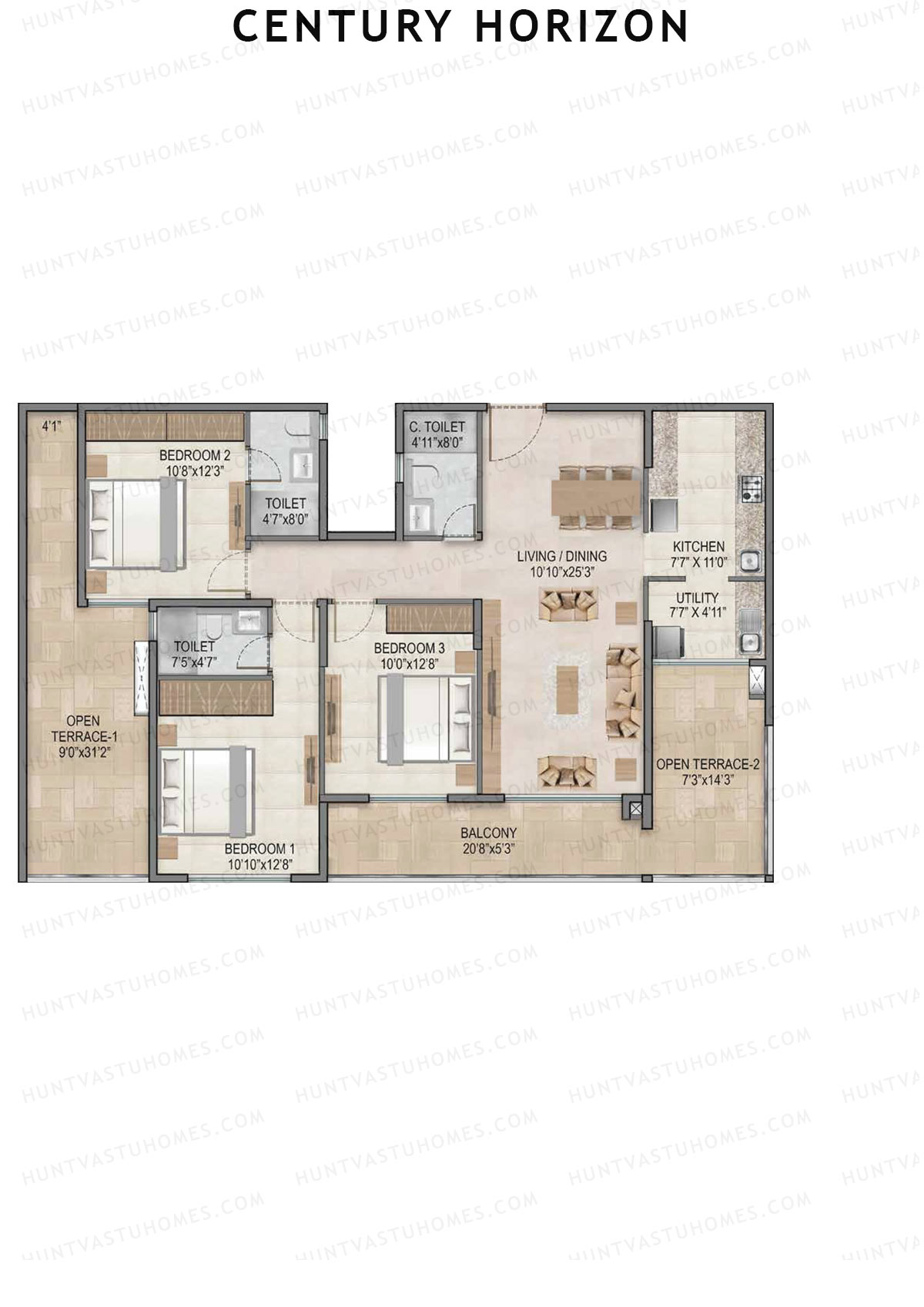 Century Horizon, Tower A, Unit 4 (Type A1), 3BHK, Super Area 1587   sq ft 
