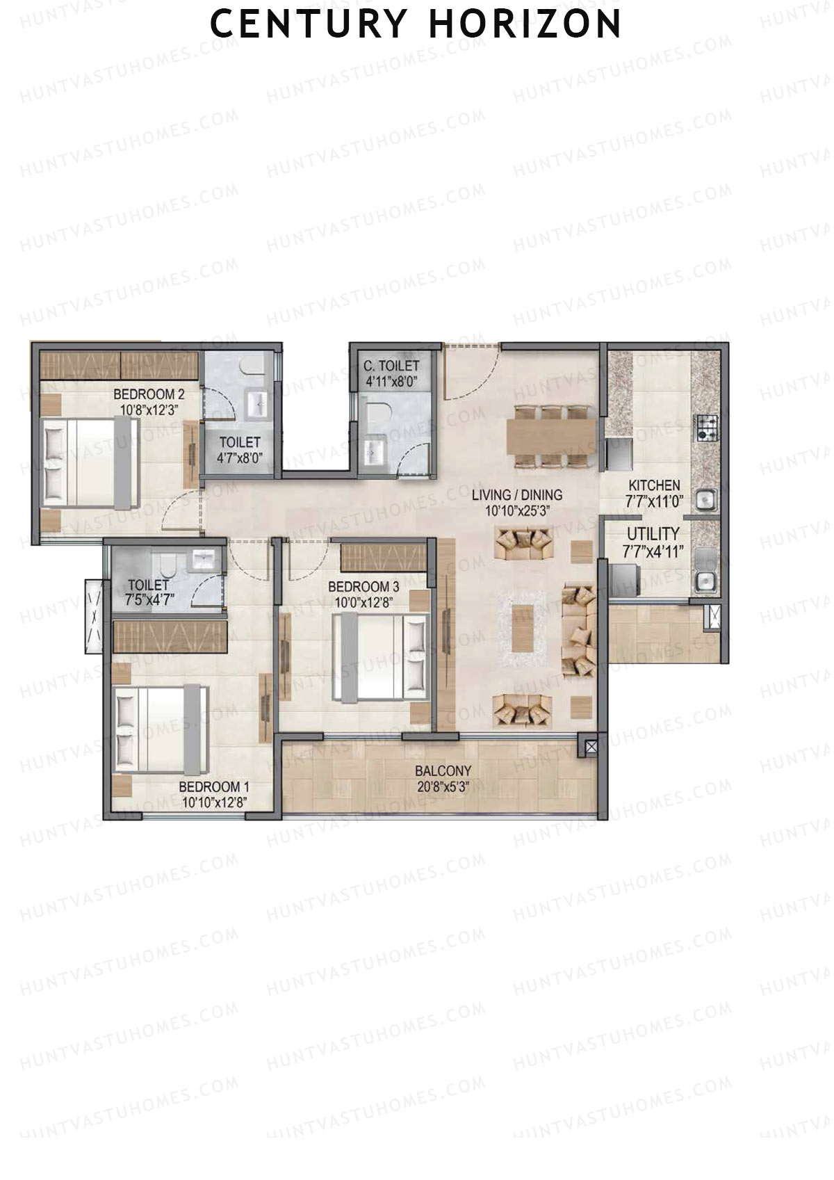 Century Horizon, Tower A, Unit 4 (Type A), 3BHK, Super Area 1587   sq ft 