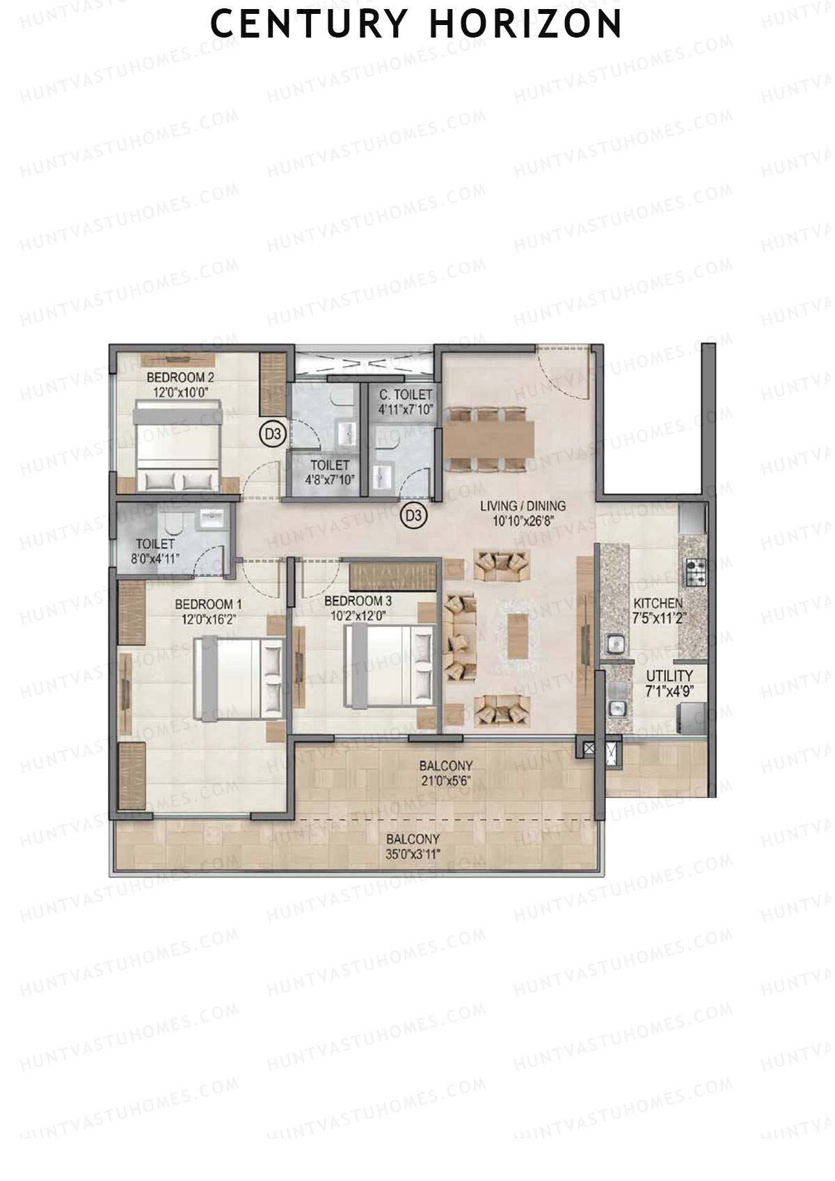 Century Horizon, Tower A, Unit 5 (Type B1), 3BHK, Super Area 1835   sq ft 