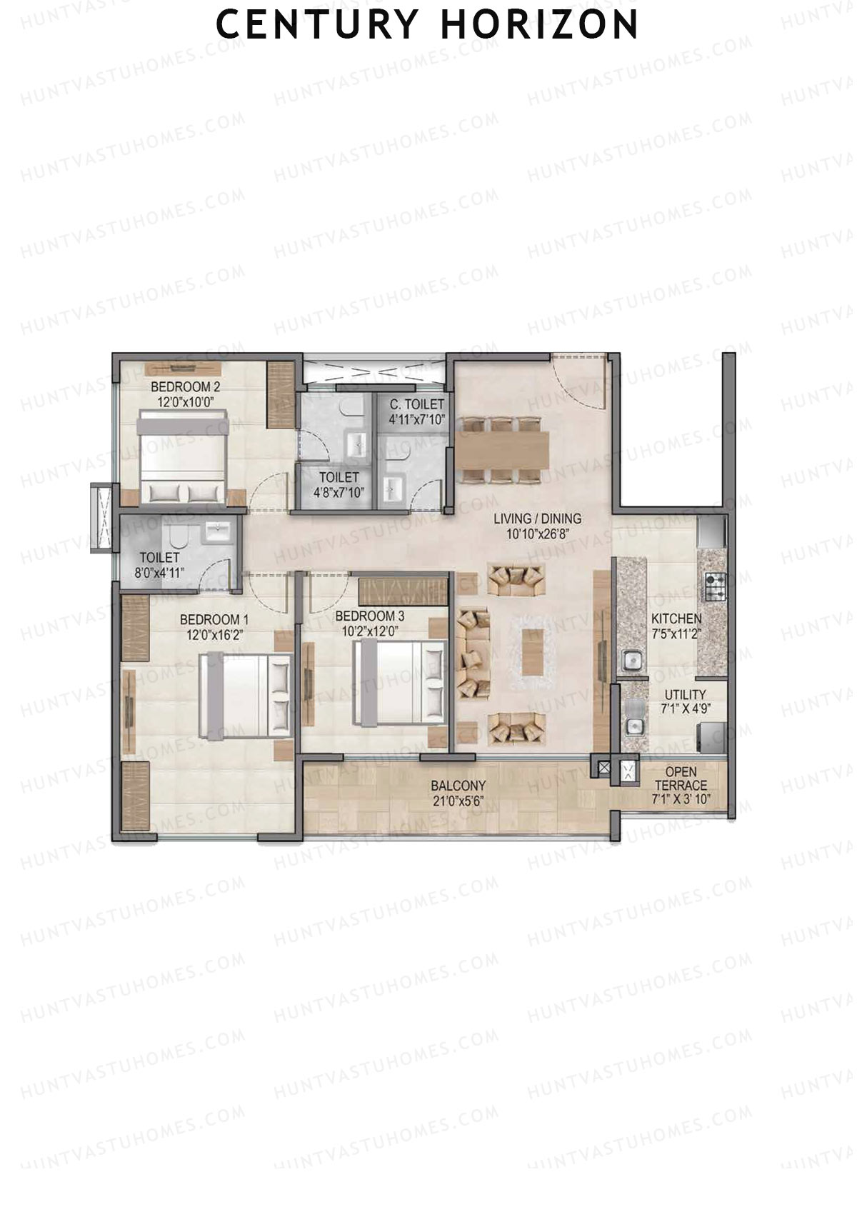 Century Horizon, Tower A, Unit 5 (Type B), 3BHK, Super Area 1658   sq ft 