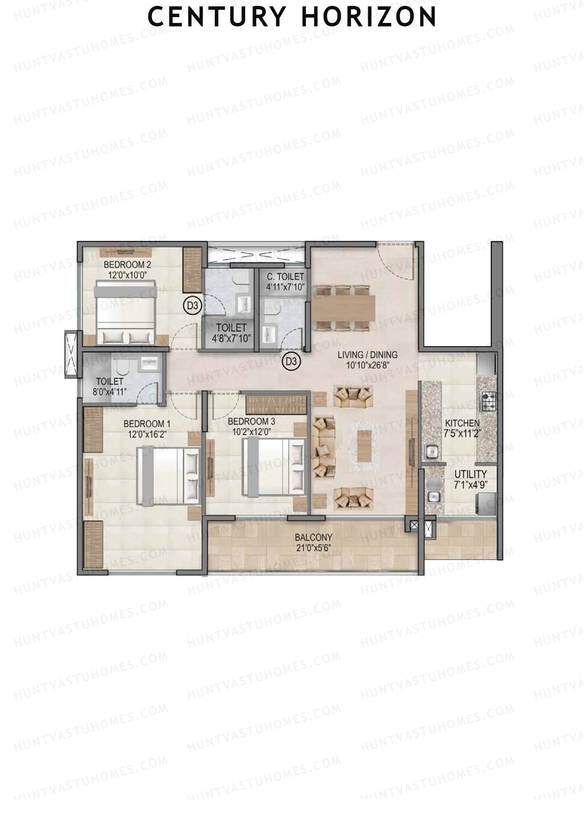 Century Horizon, Tower A, Unit 5 (Type B), 3BHK, Super Area 1658   sq ft 