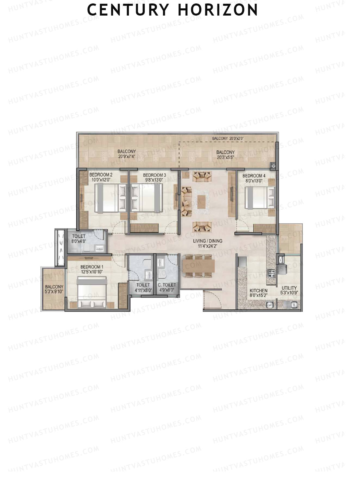 Century Horizon, Tower A, Unit 6 (Type A1), 4BHK, Super Area 2171   sq ft 