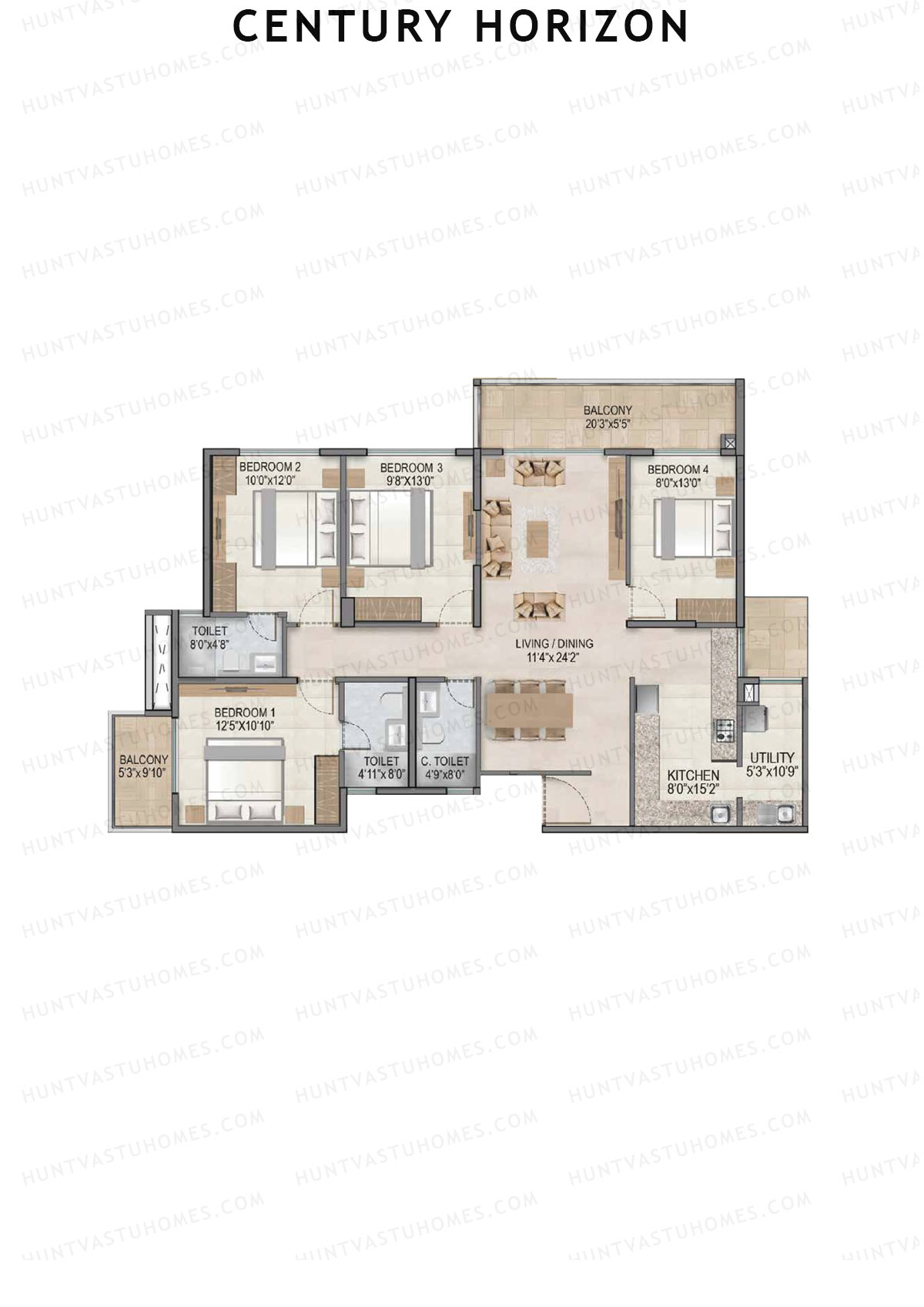 Century Horizon, Tower A, Unit 6 (Type A), 4BHK, Super Area 1897   sq ft 